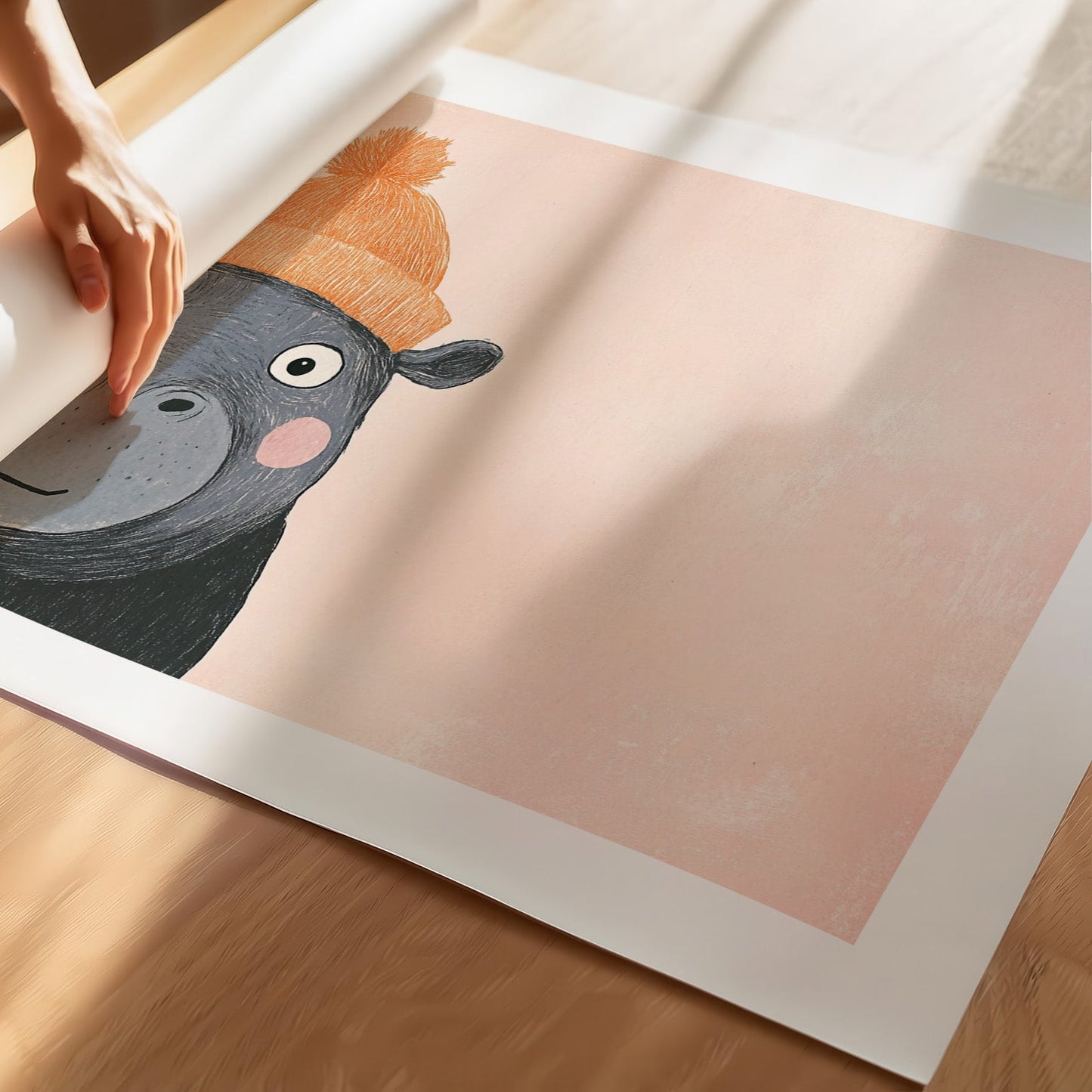 Kinderzimmerbild Nilpferd mit Mütze bunt gemalt mit Hintergrund - Poster für das Kinderzimmer babyzimmer A4 & A3