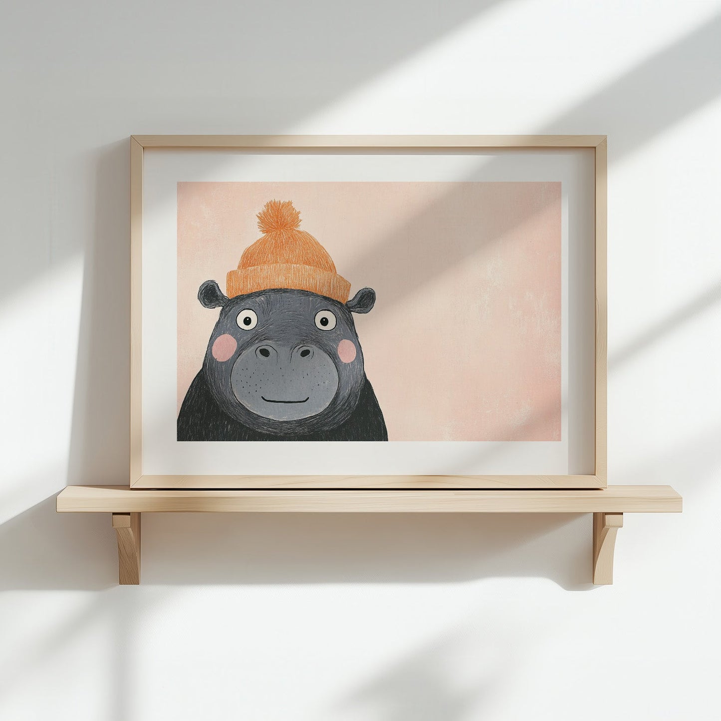 Kinderzimmerbild Nilpferd mit Mütze bunt gemalt mit Hintergrund - Poster für das Kinderzimmer babyzimmer A4 & A3