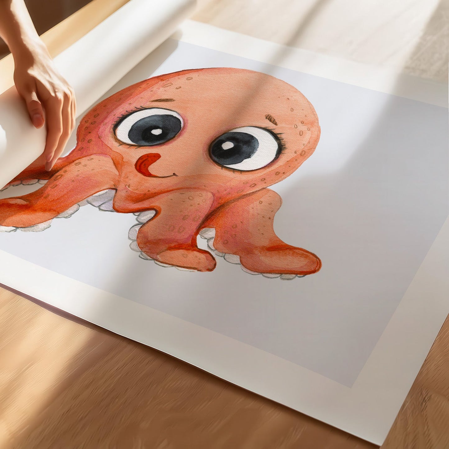 Kinderzimmerbild Oktopus auf blauem Hintergrund - Poster für das Kinderzimmer - Kunstdruck Babyzimmer A4 & A3
