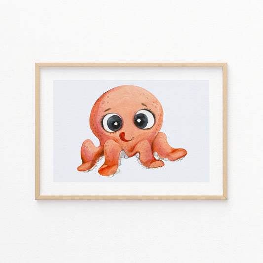 Kinderzimmerbild Oktopus auf blauem Hintergrund - Poster für das Kinderzimmer - Kunstdruck Babyzimmer A4 & A3