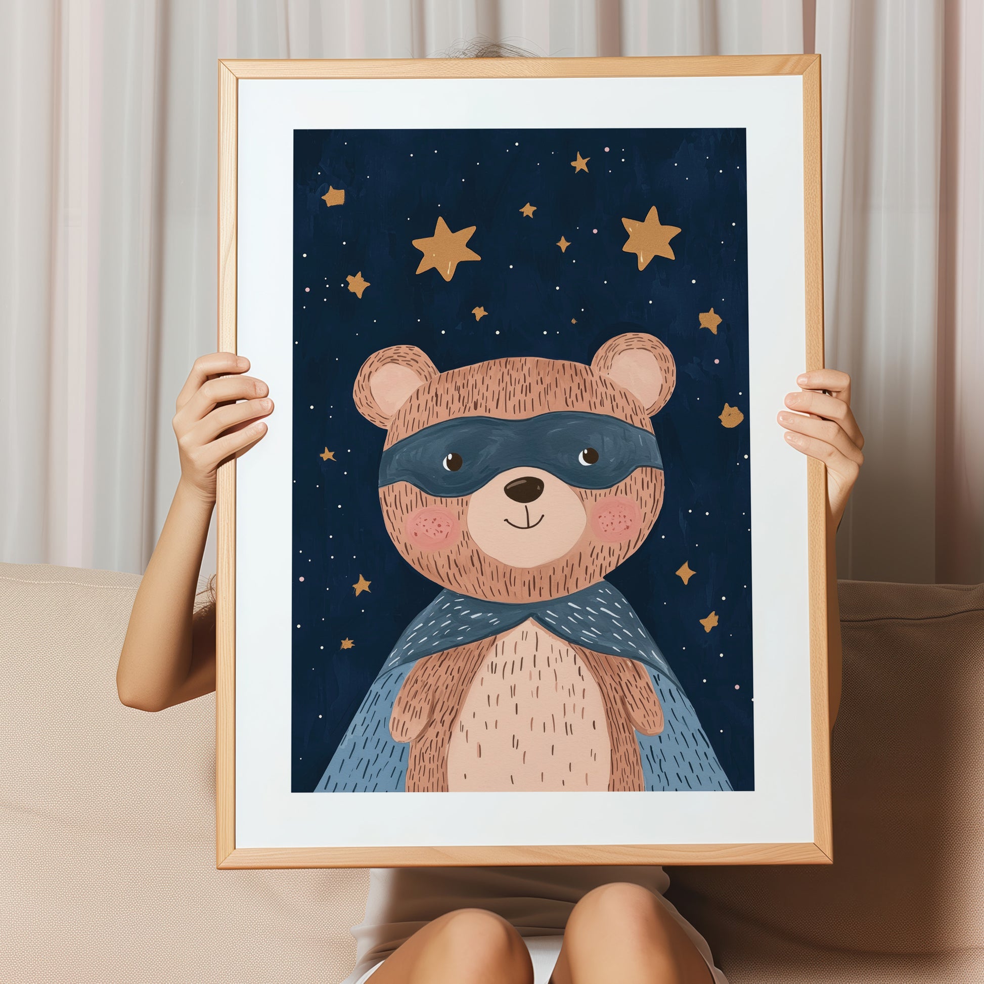 Kinderzimmer Bild mit einer Bären im All mit Sternen auf blauem Hintergrund . Posterfür das Kinderzimmer Babyzimmer