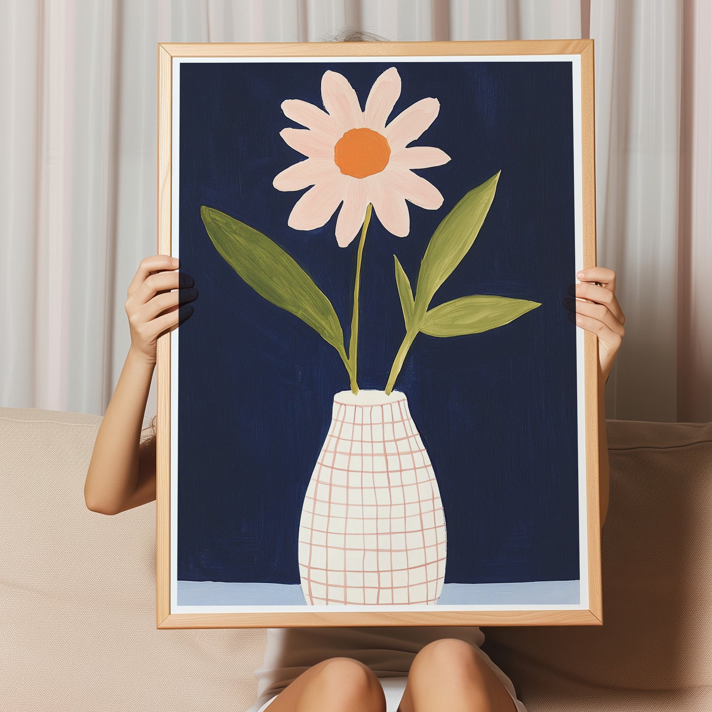 Kinderzimmer Bild mit einer Blume in einer Vase auf blauem Hintergrund. Posterfür das Kinderzimmer Babyzimmer