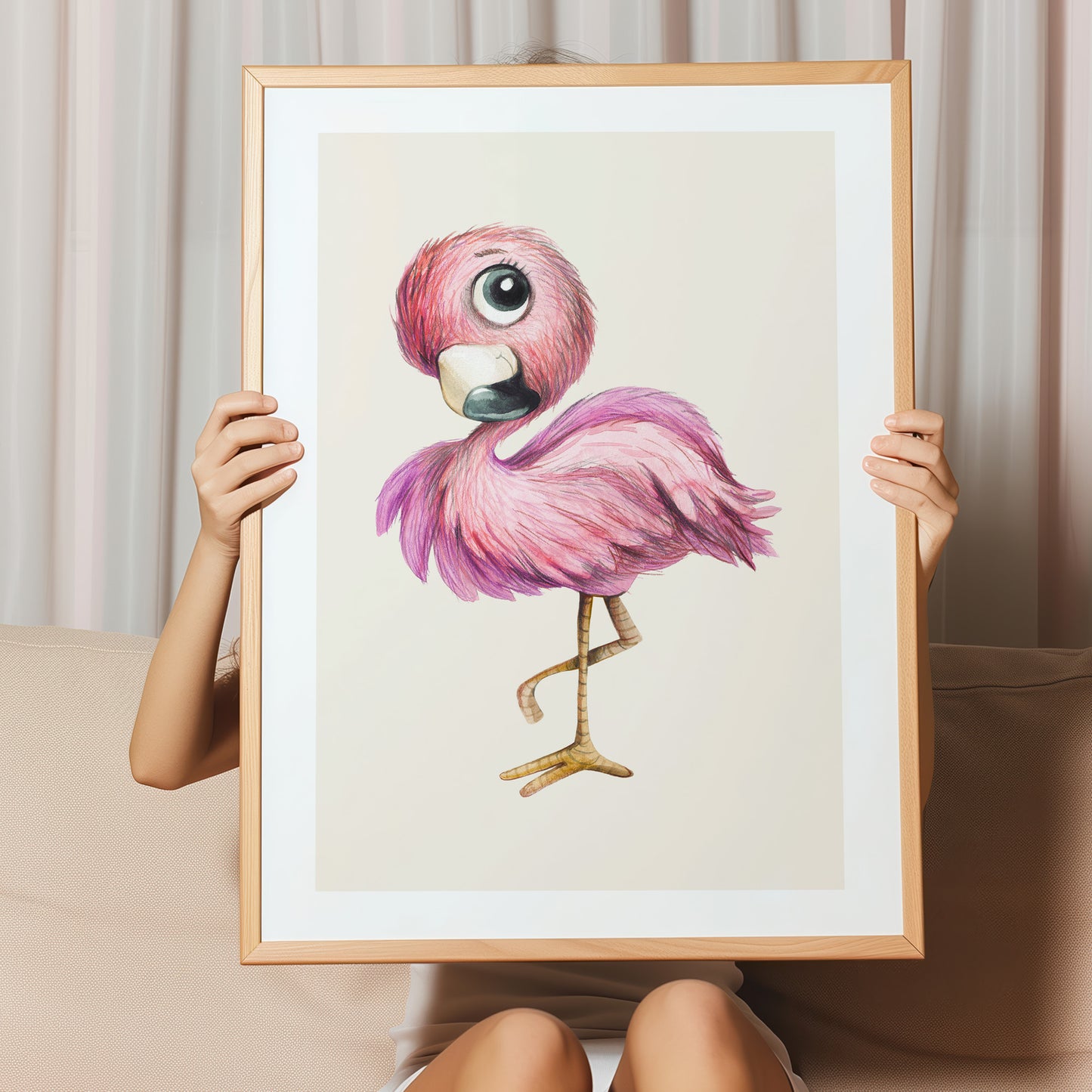Kinderzimmerbild mit einem gemaltem Flamingo auf beigen Hintergrund. Poster für das Kinderzimmer Babyzimmer