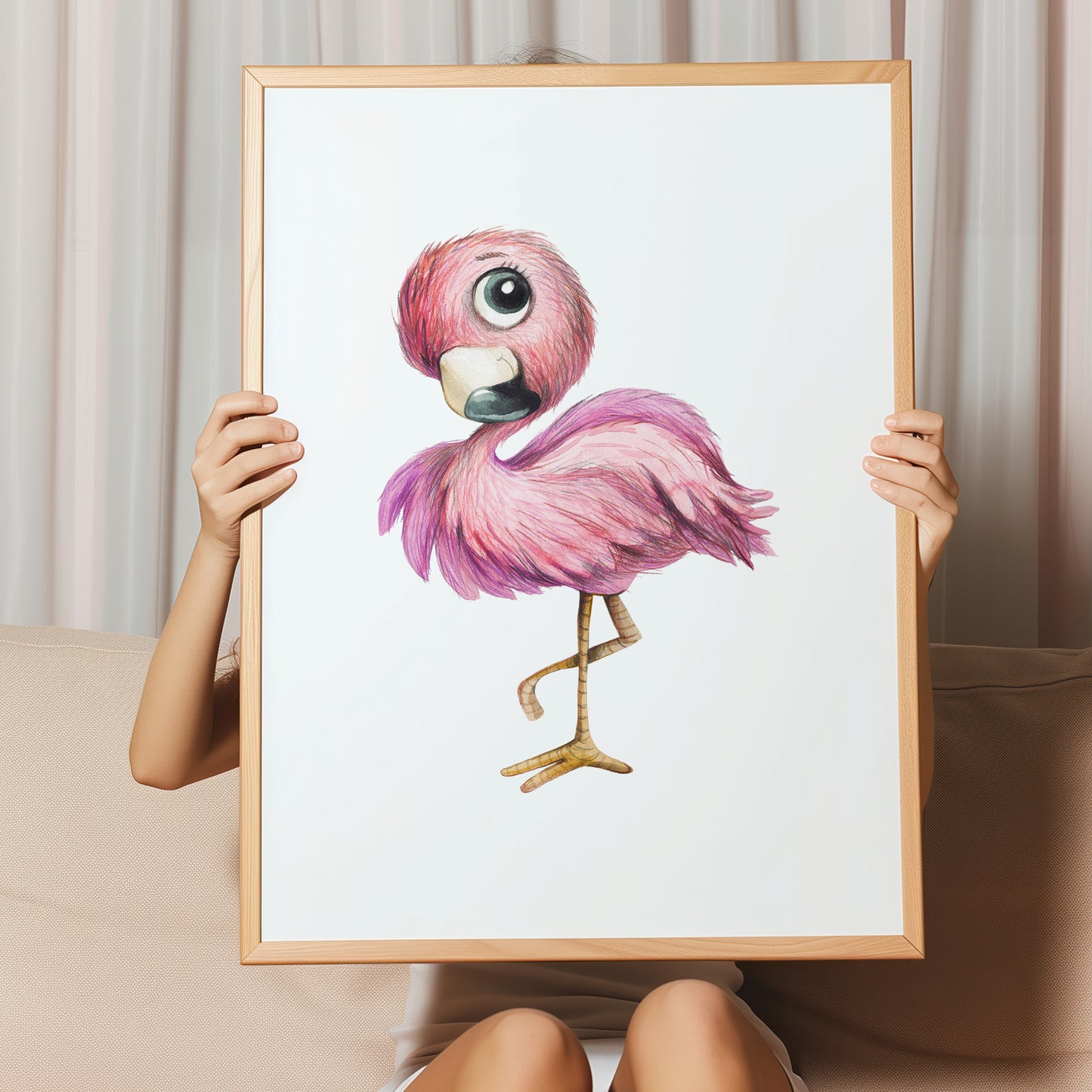 Kinderzimmerbild mit einer gemaltem Flamingo. Poster für das Kinderzimmer Babyzimmer
