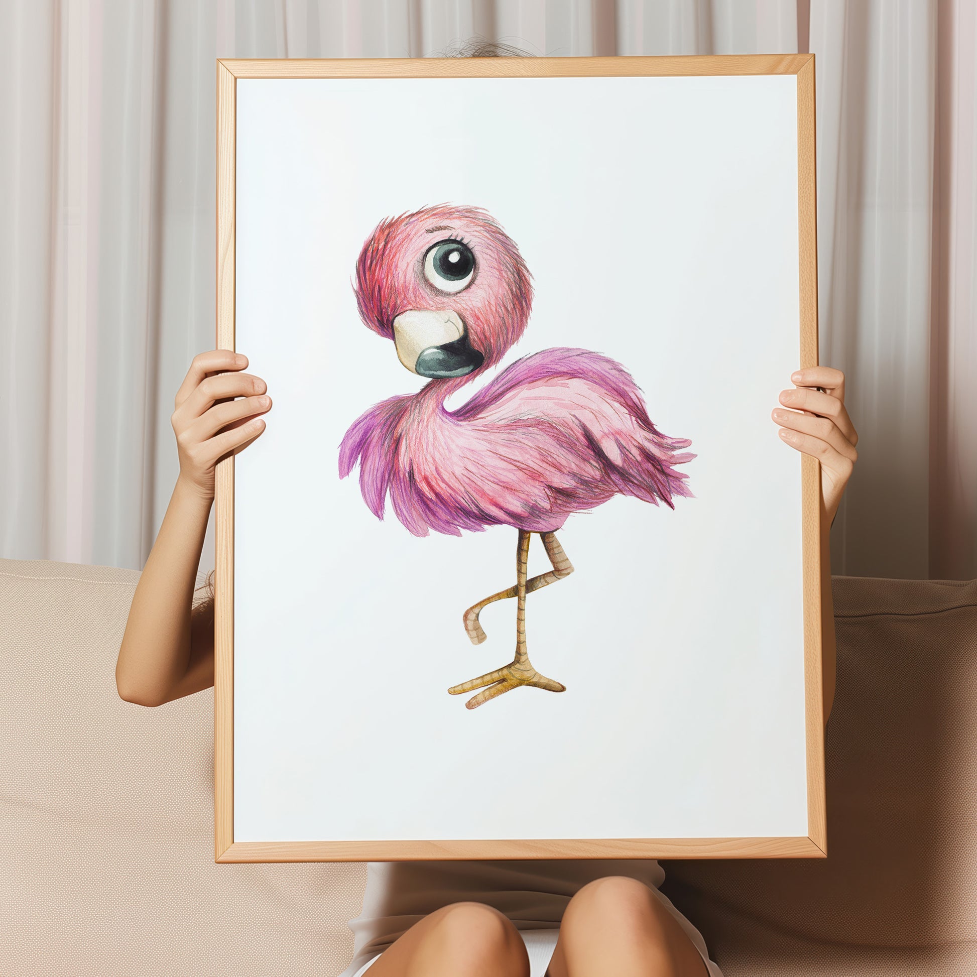 Kinderzimmerbild mit einer gemaltem Flamingo. Poster für das Kinderzimmer Babyzimmer