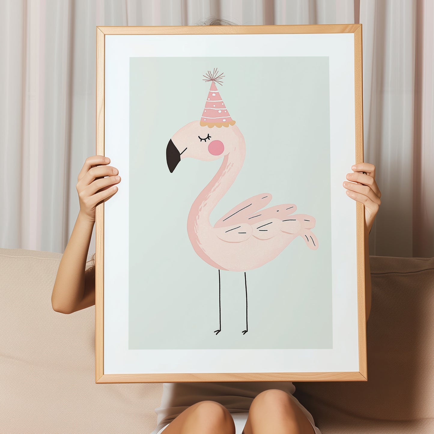 Kinderzimmerbild Flamingo mit Partyhut auf blauem Hintergrund Din A4 A3 - Poster für das Kinderzimmer babyzimmer 