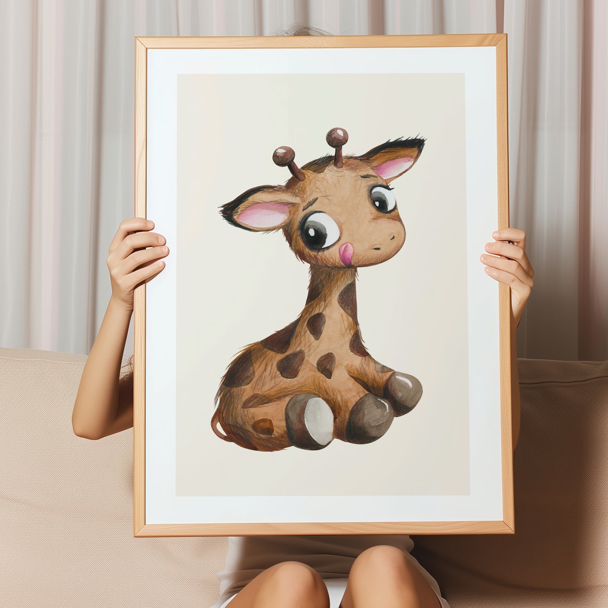 Kinderzimmerbild mit einem gemaltem Giraffe auf beigen Hintergrund. Poster für das Kinderzimmer Babyzimmer