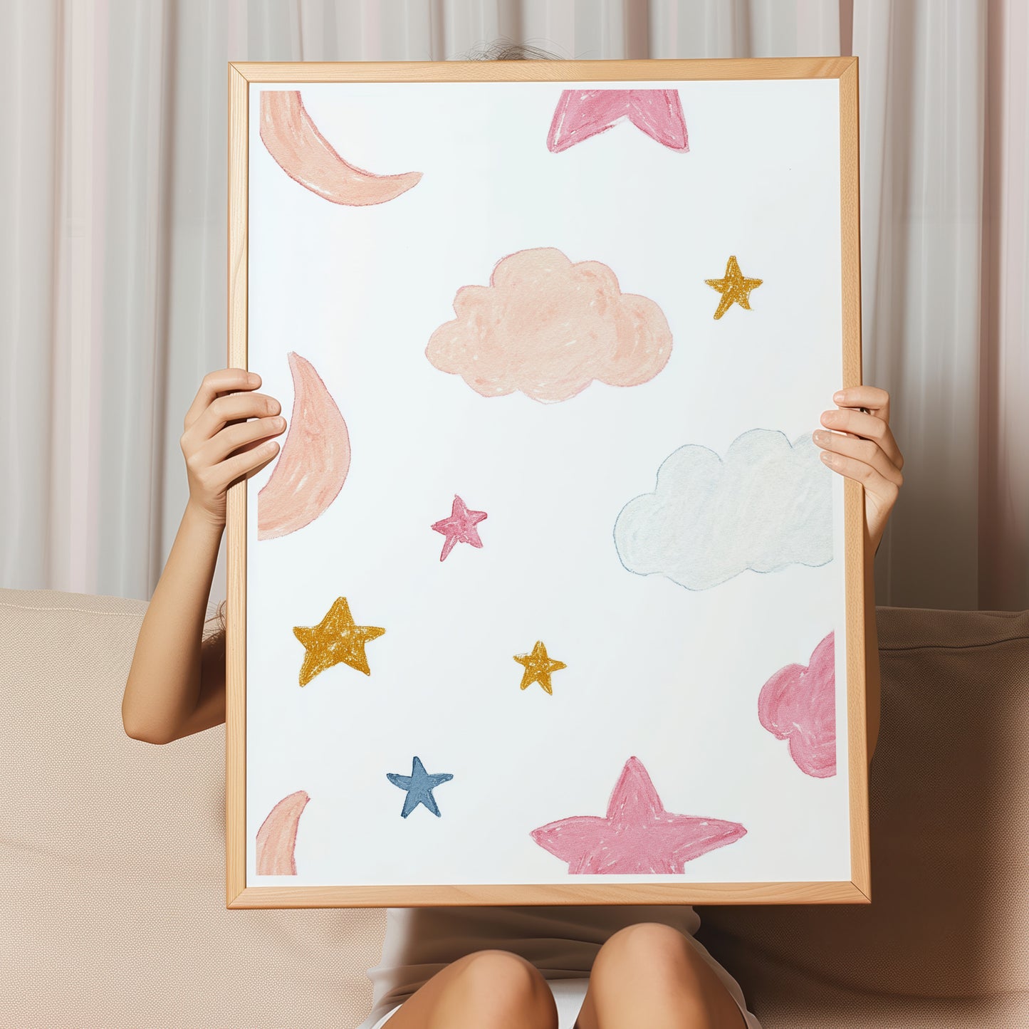 Kinderzimmerbild Himmel bunt mit Mond und Sternen bunt A4 A3 - Poster für das Kinderzimmer babyzimmer 