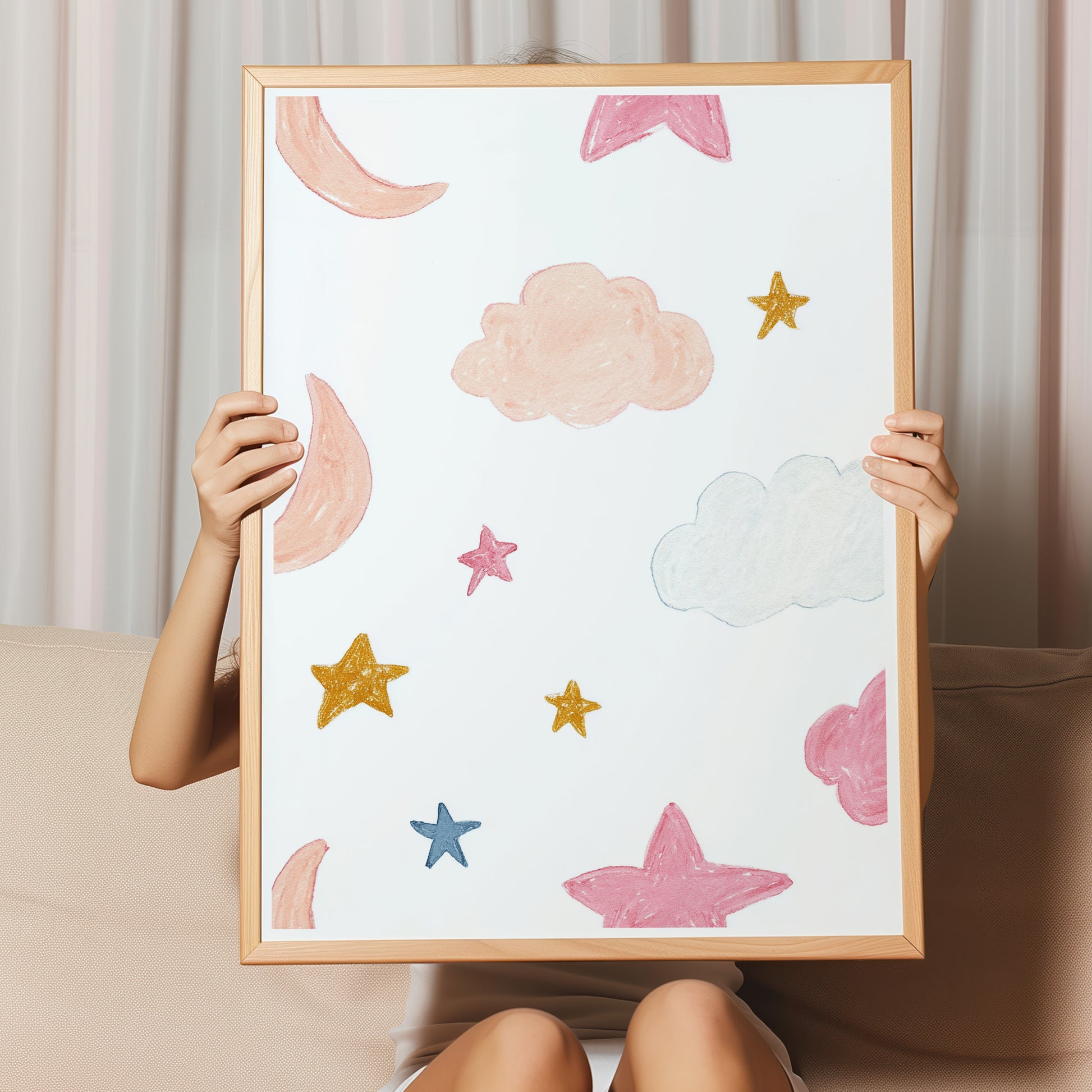 Kinderzimmerbild Himmel bunt mit Mond und Sternen bunt A4 A3 - Poster für das Kinderzimmer babyzimmer 
