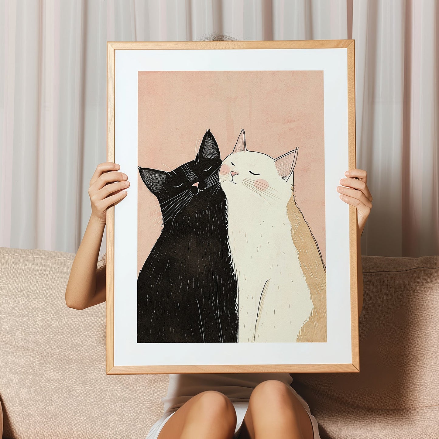 Kinderzimmerbild mit zwei Katzen. Eine Weiß und eine Schwarz . Poster für das Kinderzimmer