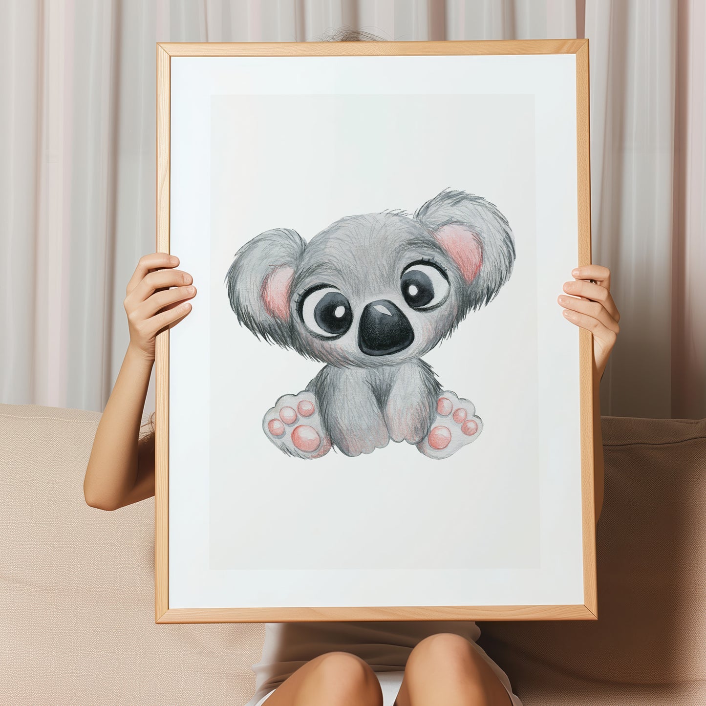 Kinderzimmerbild mit einem gemaltem Koala auf grauem Hintergrund. Poster für das Kinderzimmer Babyzimmer