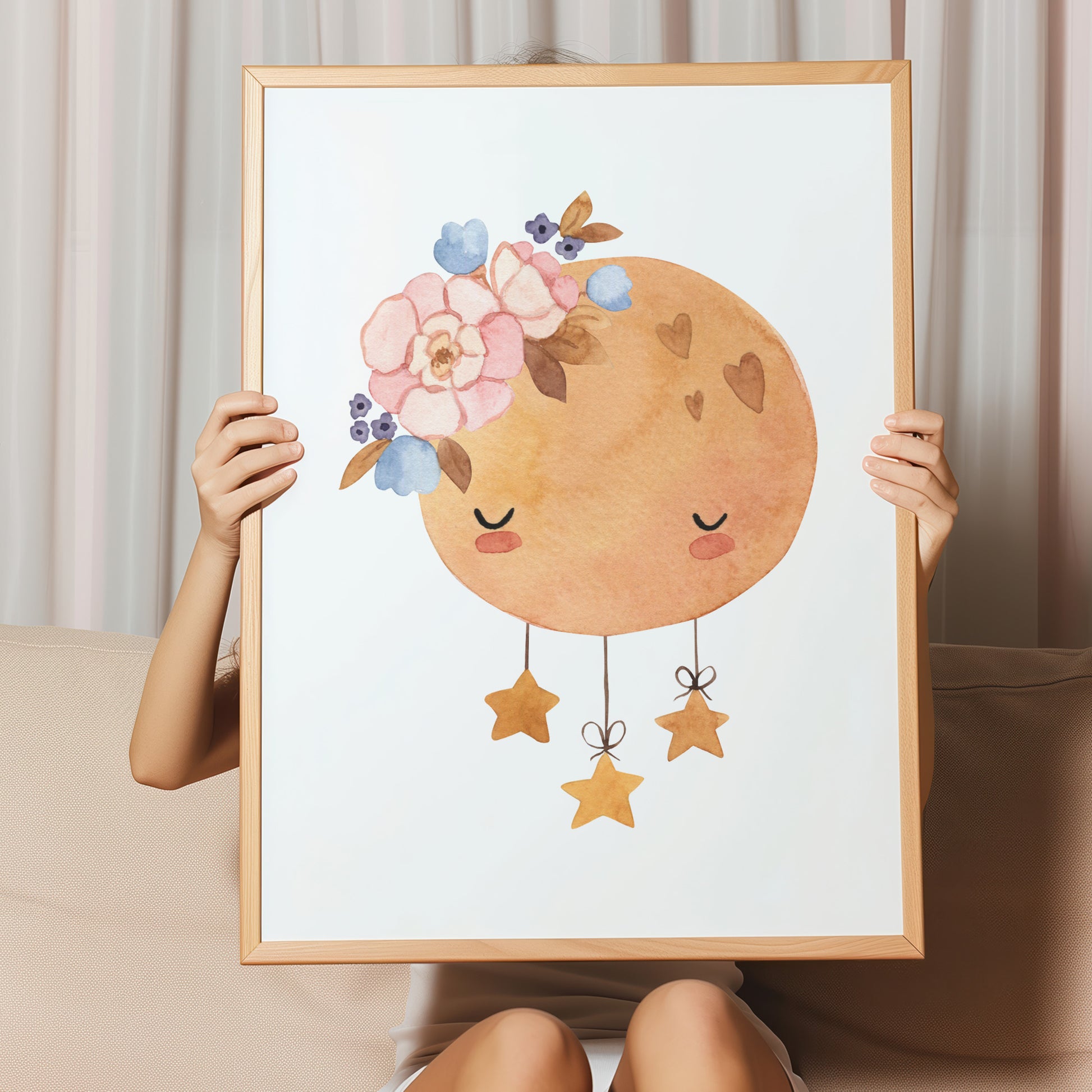 Kinderzimmerbild schlafender Mond mit Sternen A4 A3 - Poster für das Kinderzimmer babyzimmer 