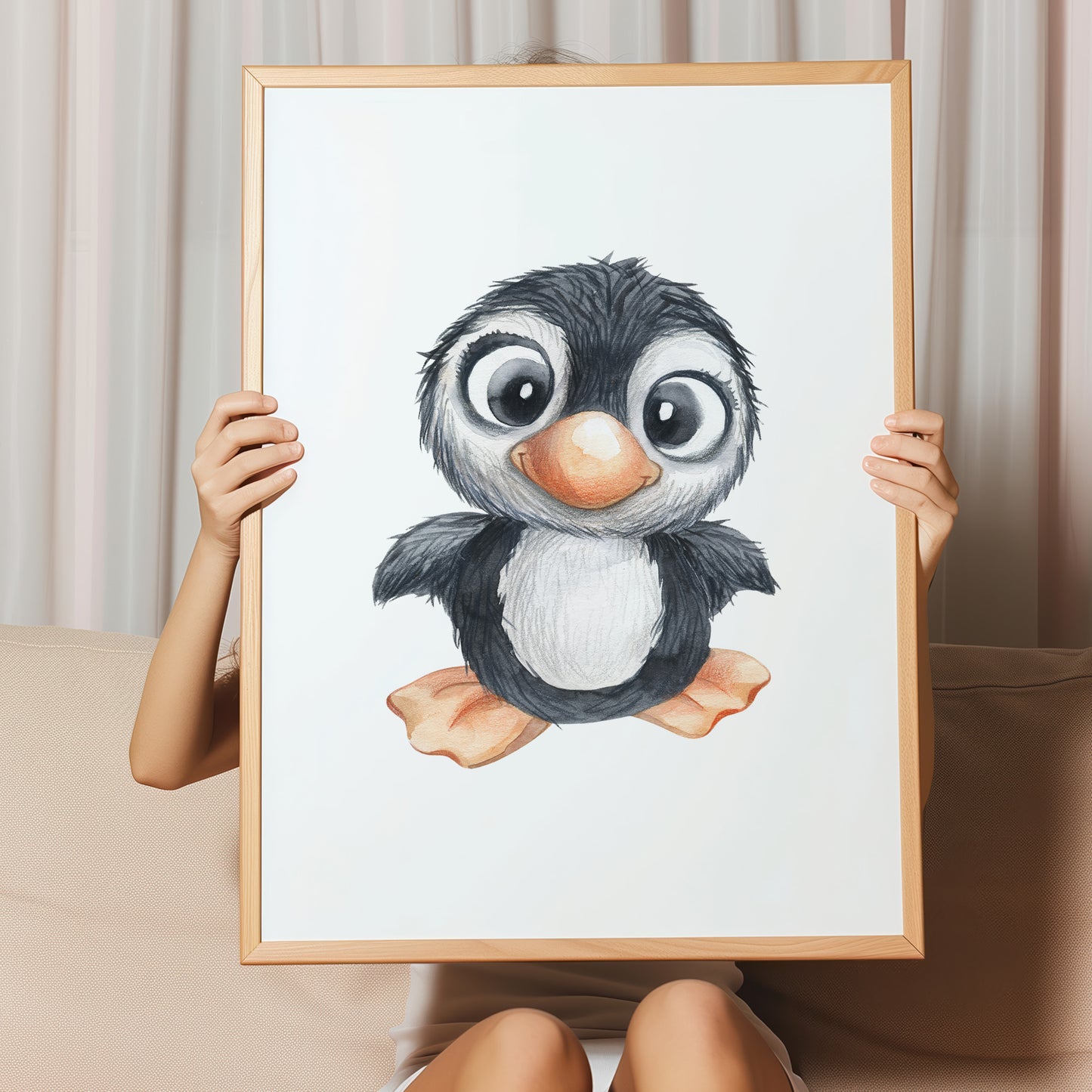 Kinderzimmerbild mit einer gemaltem Pinguin. Poster für das Kinderzimmer Babyzimmer