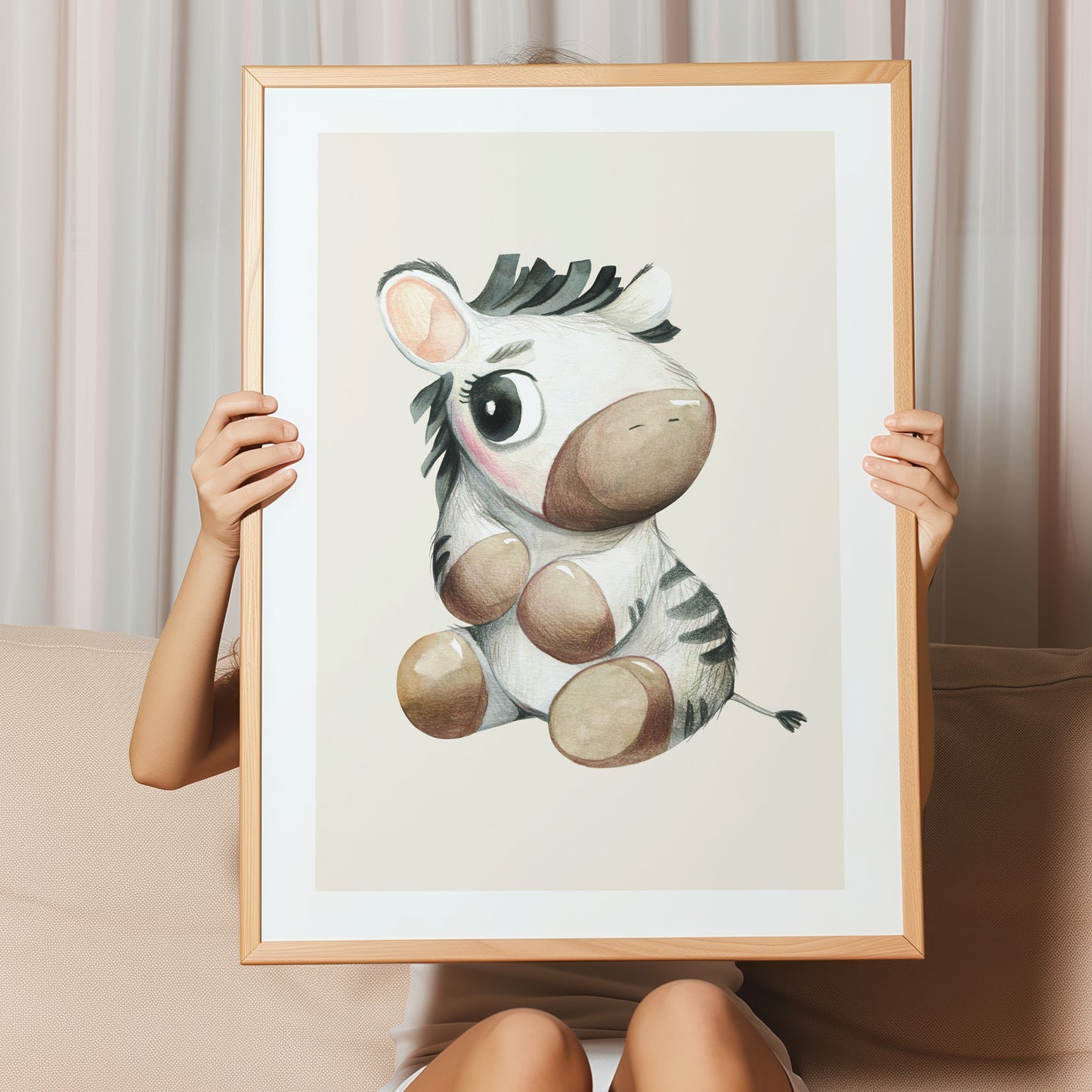 Kinderzimmerbild mit einem gemaltem Zebra auf beigen Hintergrund. Poster für das Kinderzimmer Babyzimmer