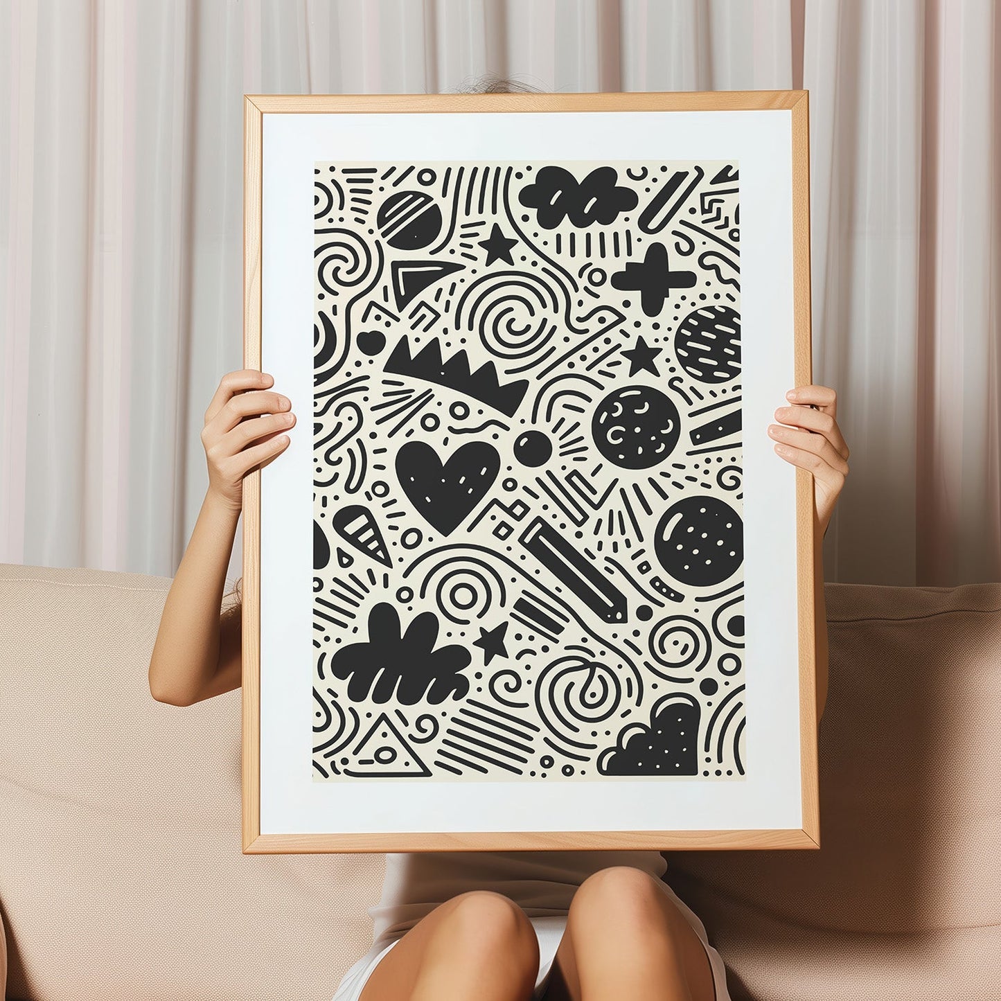 Kinderzimmerbild mit doodle zeichnungen schwarz auf beigen hintergrund - poster für das Kinderzimmer