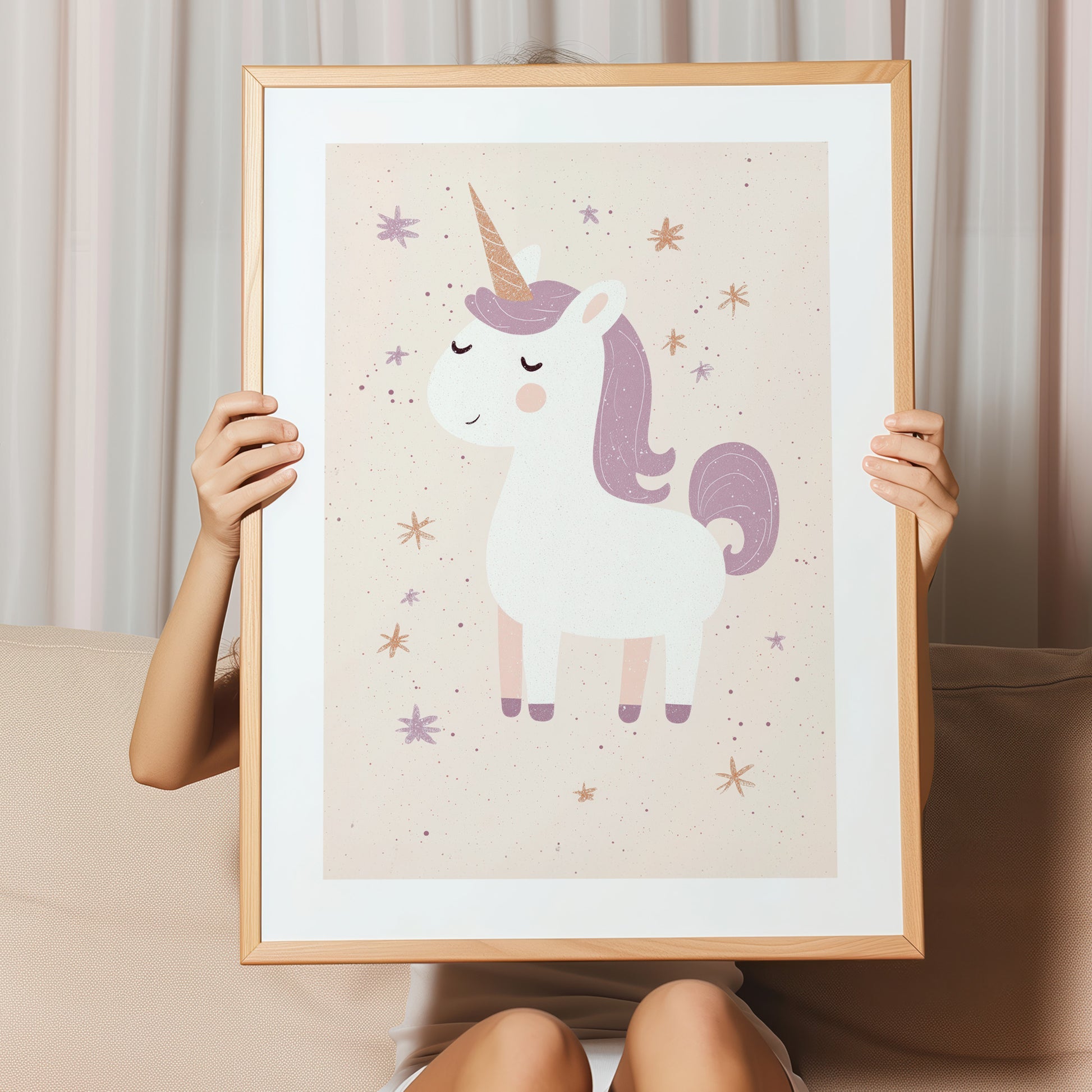 Kinderzimmerbild Einhorn auf beigen Hintergrund mit Sternen Din A4 A3 - Poster für das Kinderzimmer babyzimmer 