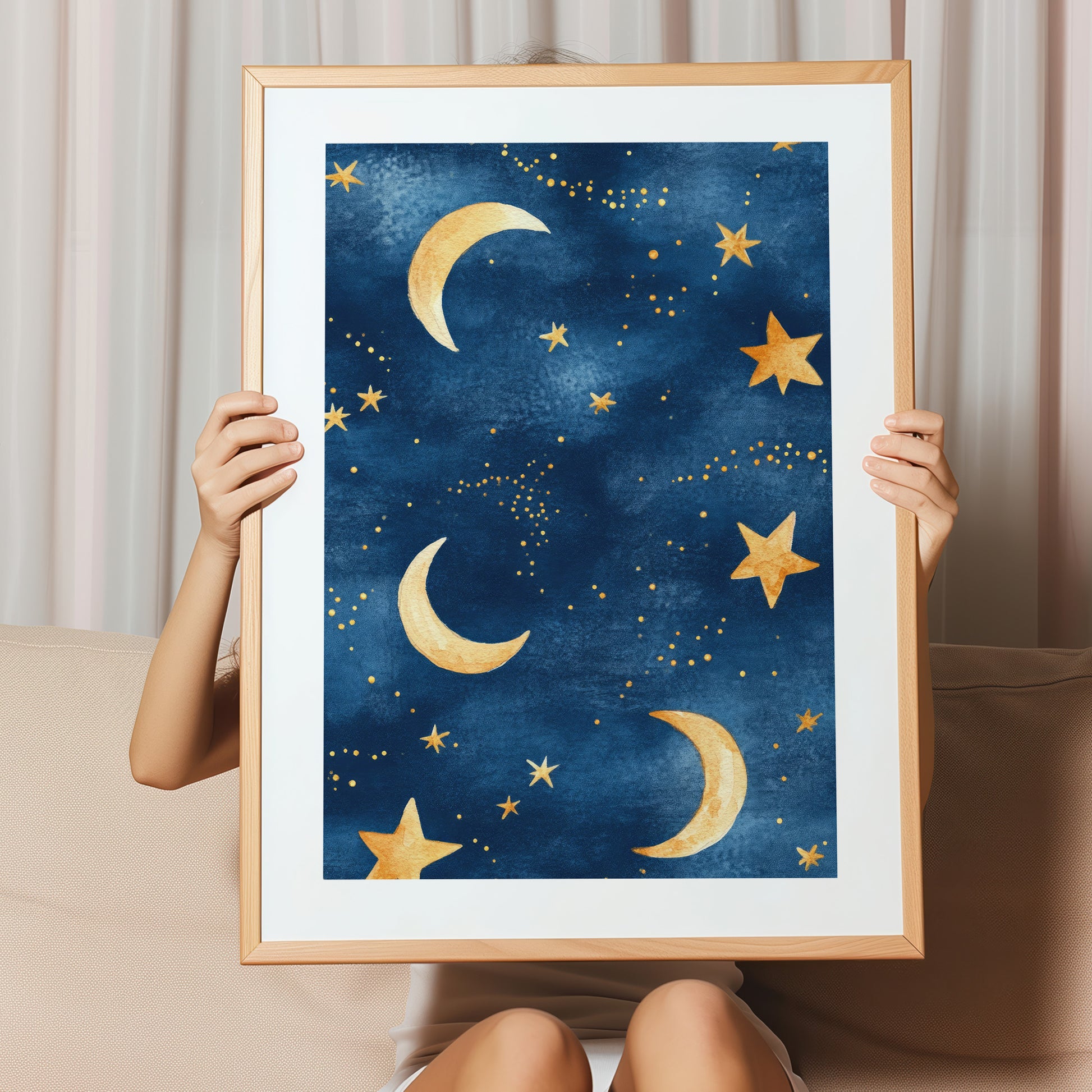 Kinderzimmerbild Sternenhimmel blau mit Mond und Sternen bunt A4 A3 - Poster für das Kinderzimmer babyzimmer 