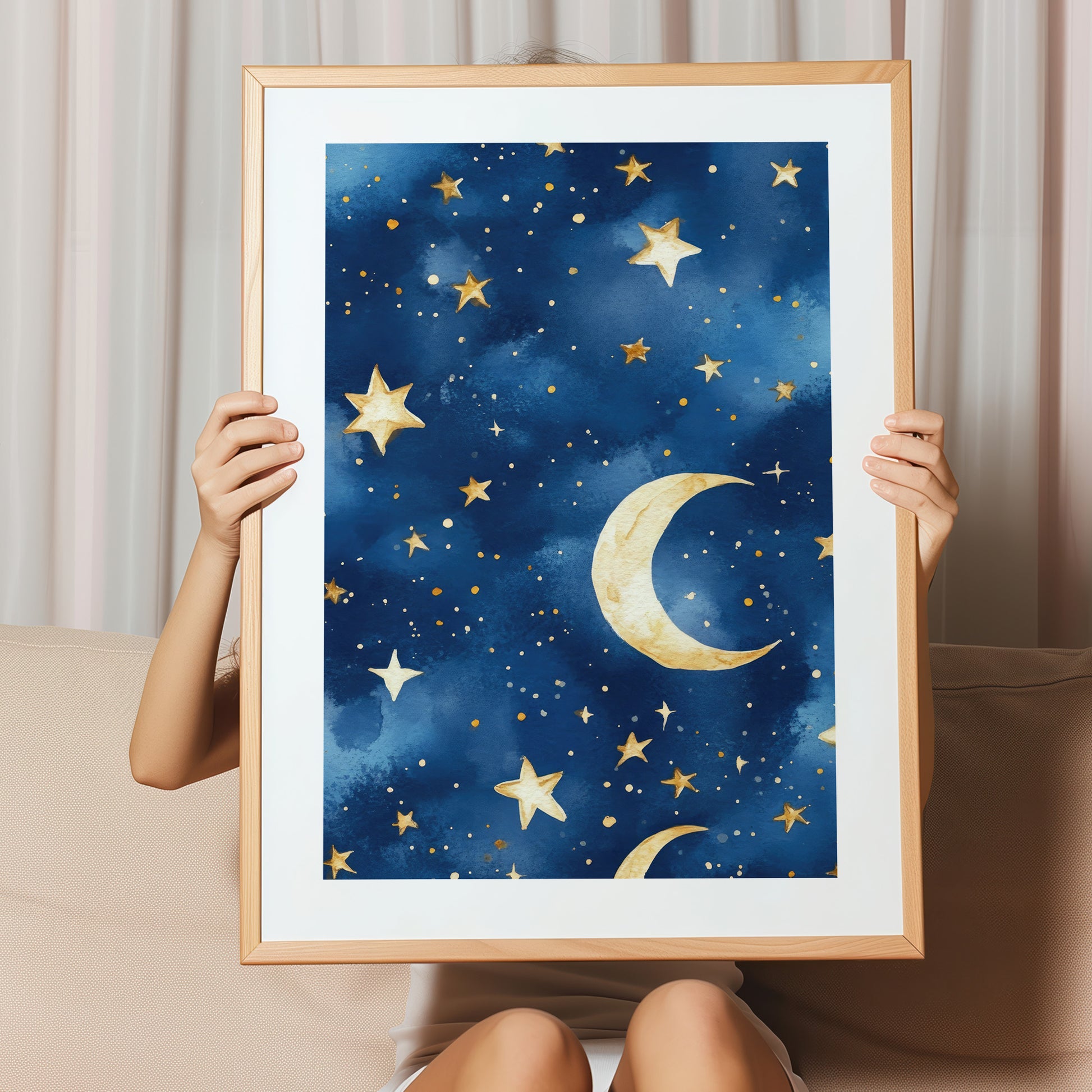Kinderzimmerbild Sternenhimmel blau mit Mond und Sternen bunt A4 A3 - Poster für das Kinderzimmer babyzimmer 