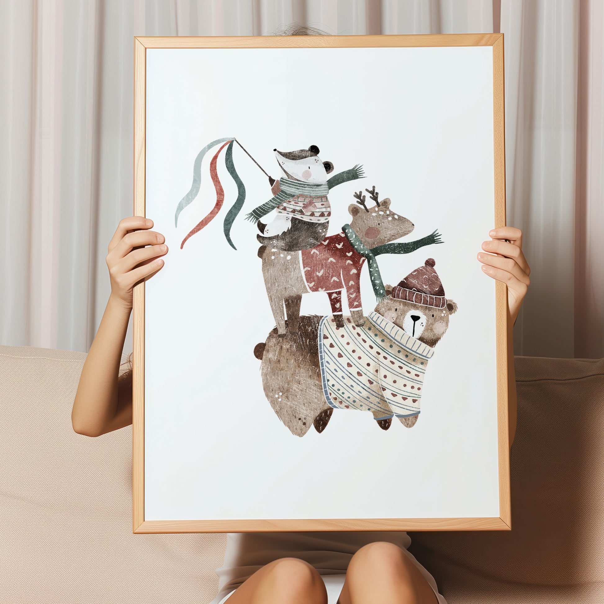 Kinderzimmerbild Bär Dachs Reh im Winter gemalt bunt A4 A3 - Poster für das Kinderzimmer babyzimmer