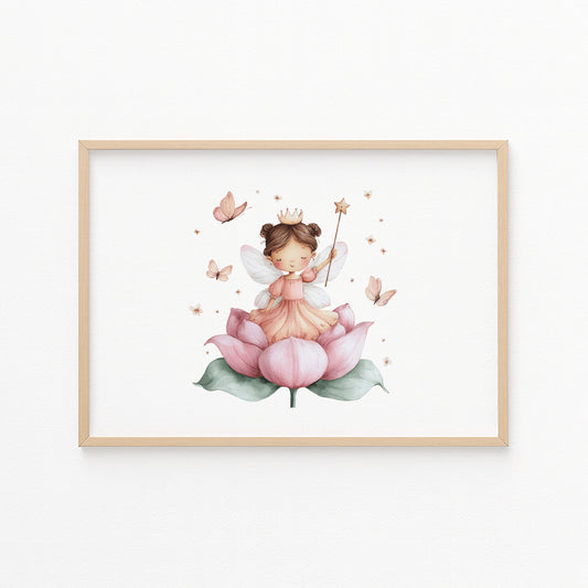 Kinderzimmerbild Prinzessin auf einer Rose mit Schmetterlingen gemalt - Poster für das Kinderzimmer - Babyzimmer A3 & A4