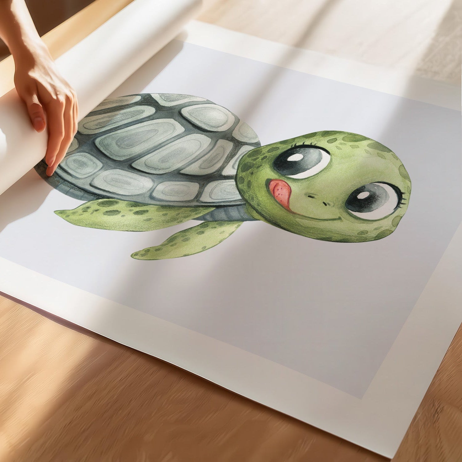 Kinderzimmerbild Schildkröte auf blauem Hintergrund - Poster für das Kinderzimmer - Kunstdruck Babyzimmer A4 & A3
