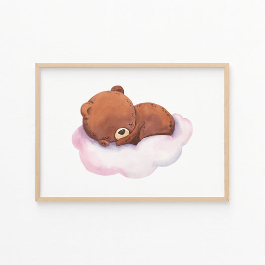 Kinderzimmerbild schlafender bär auf einer Wolke gemalt - Poster für das Kinderzimmer - Babyzimmer A3 & A4