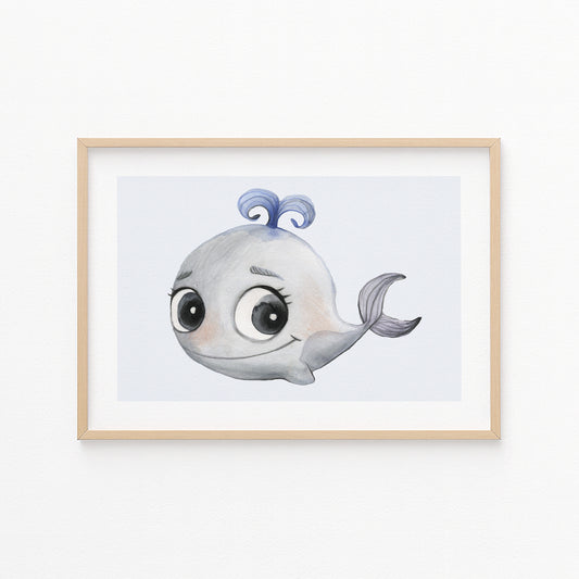 Kinderzimmerbild Wal auf blauem Hintergrund - Poster für das Kinderzimmer - Kunstdruck Babyzimmer A4 & A3