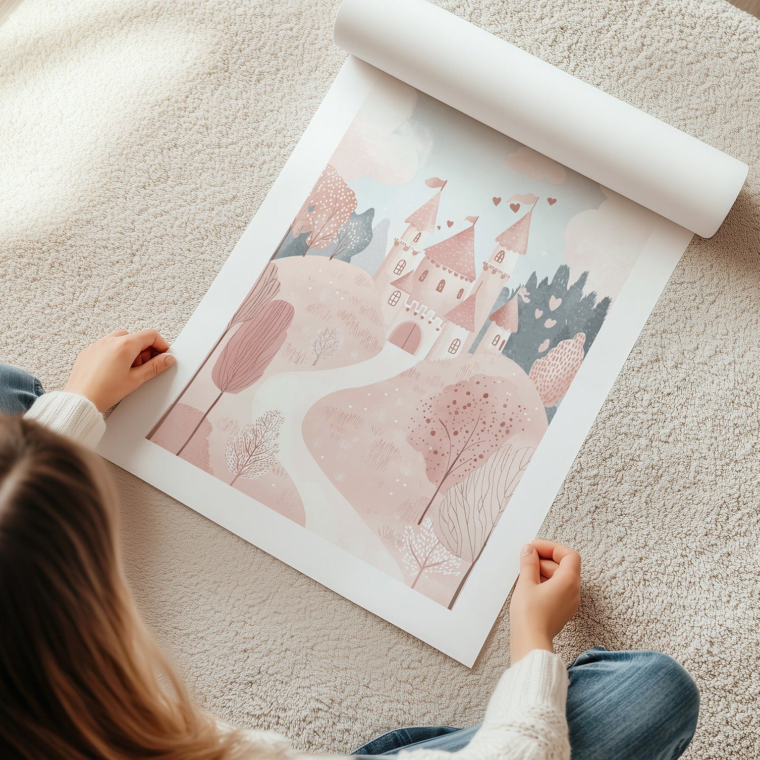 Wandbild mit gemalten Schloss für Kinder Pastelfarben