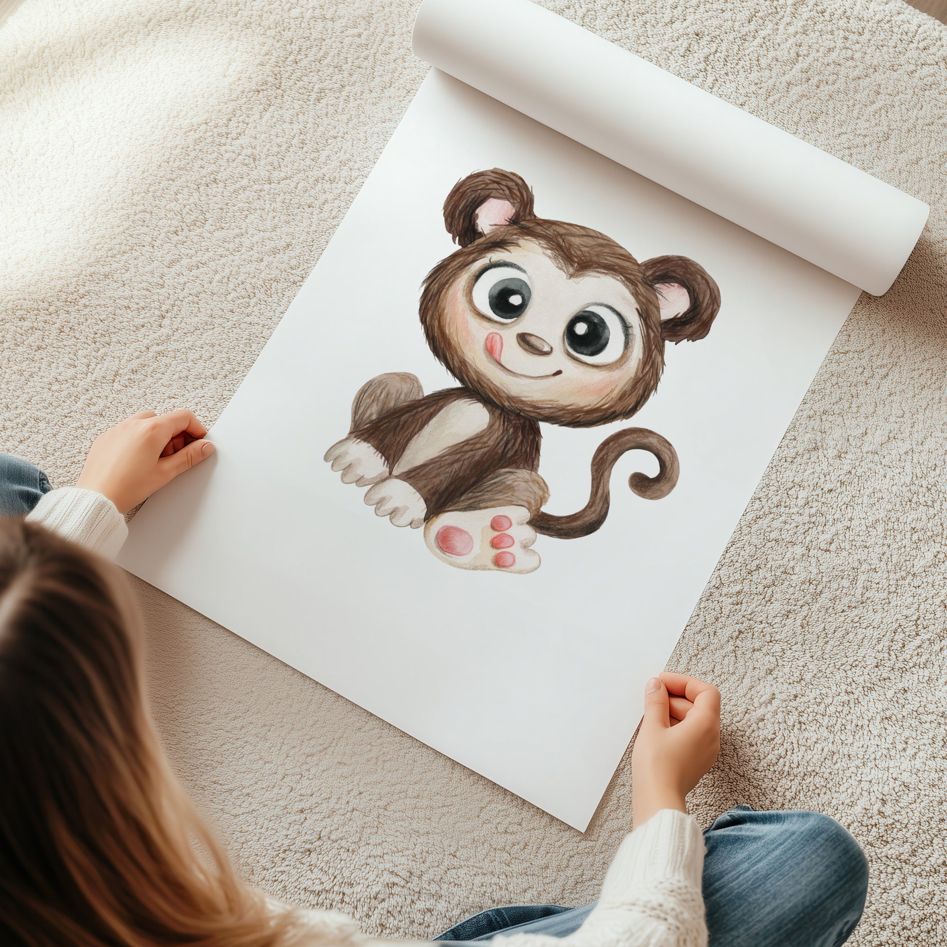 Kinderzimmerbild mit einer gemaltem Affe. Poster für das Kinderzimmer Babyzimmer