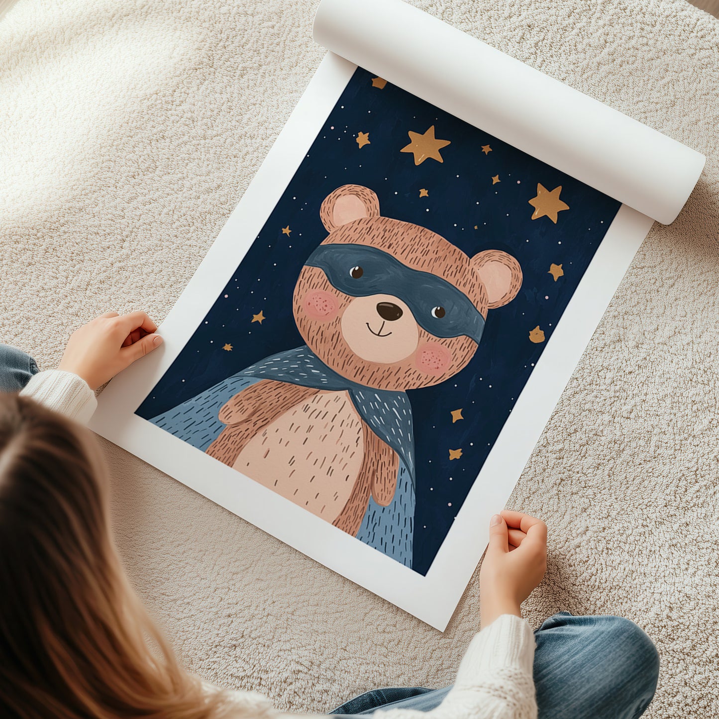 Kinderzimmer Bild mit einer Bären im All mit Sternen auf blauem Hintergrund . Posterfür das Kinderzimmer Babyzimmer