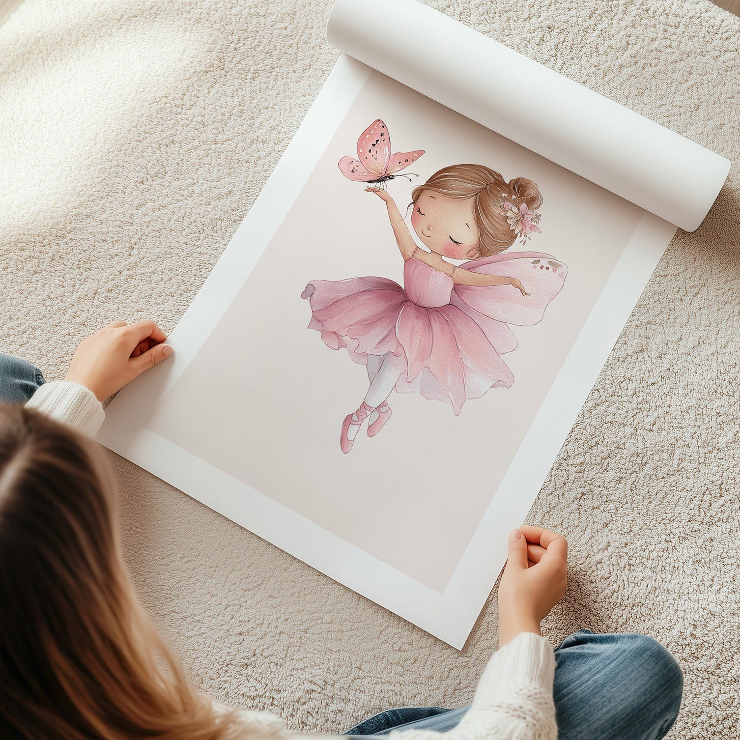 gezeichnete Ballerina tanzt mit einem Schmetterling pastelfarben