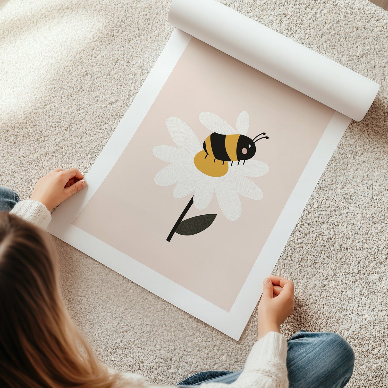 Kinderzimmerbild mit einer Blume und einer Biene auf rosa hintergrund - poster für das Kinderzimmer