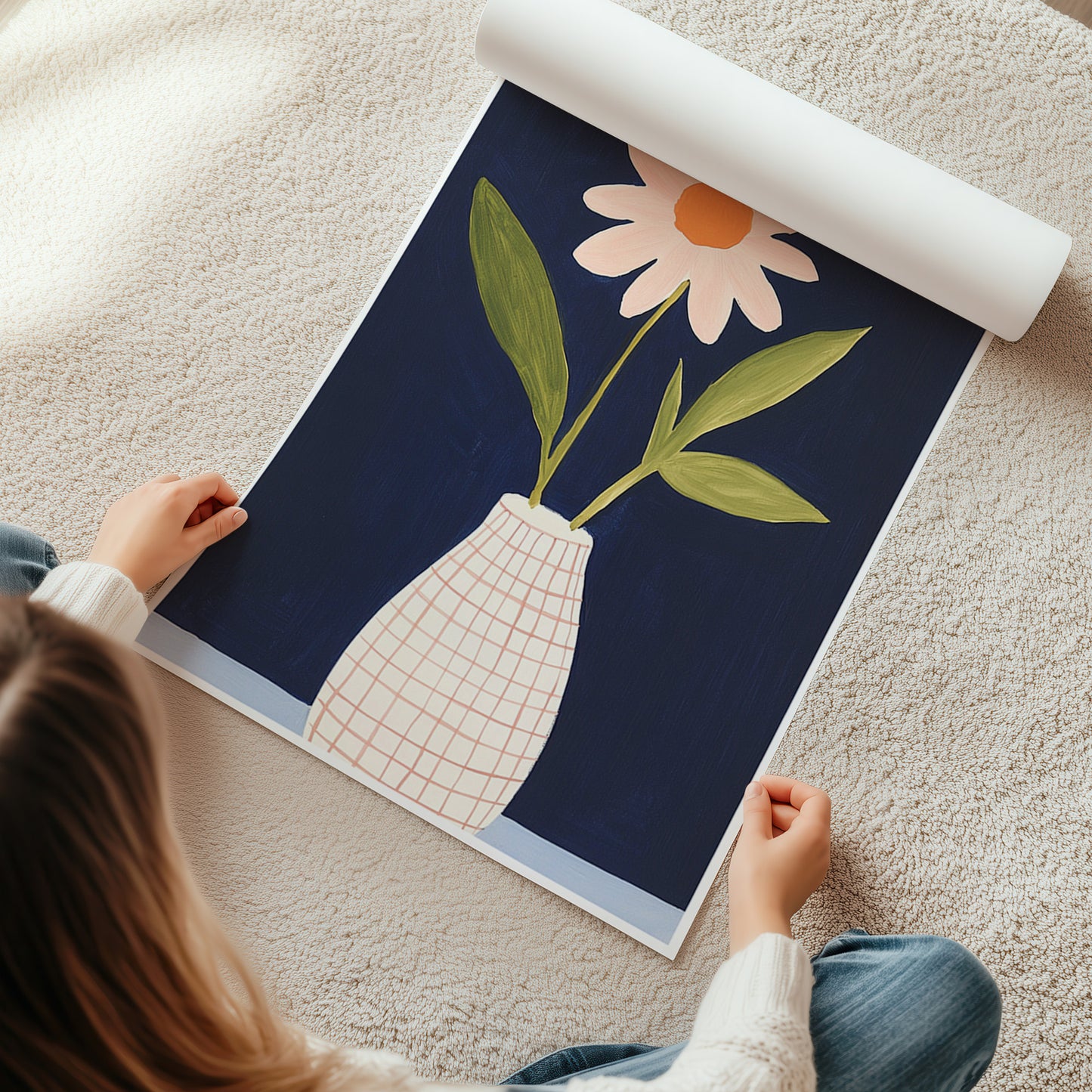 Kinderzimmer Bild mit einer Blume in einer Vase auf blauem Hintergrund. Posterfür das Kinderzimmer Babyzimmer