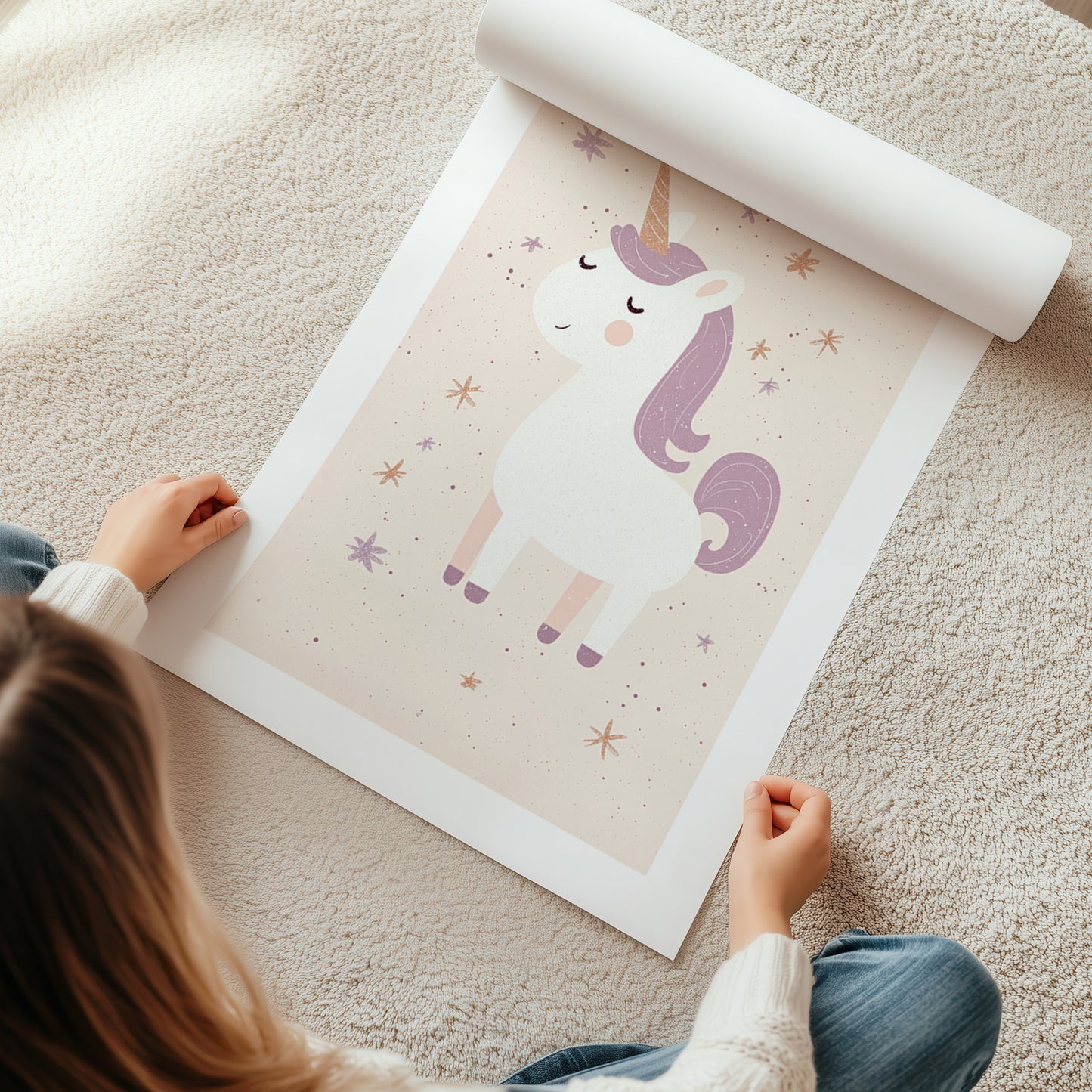 Kinderzimmerbild Einhorn auf beigen Hintergrund mit Sternen Din A4 A3 - Poster für das Kinderzimmer babyzimmer 