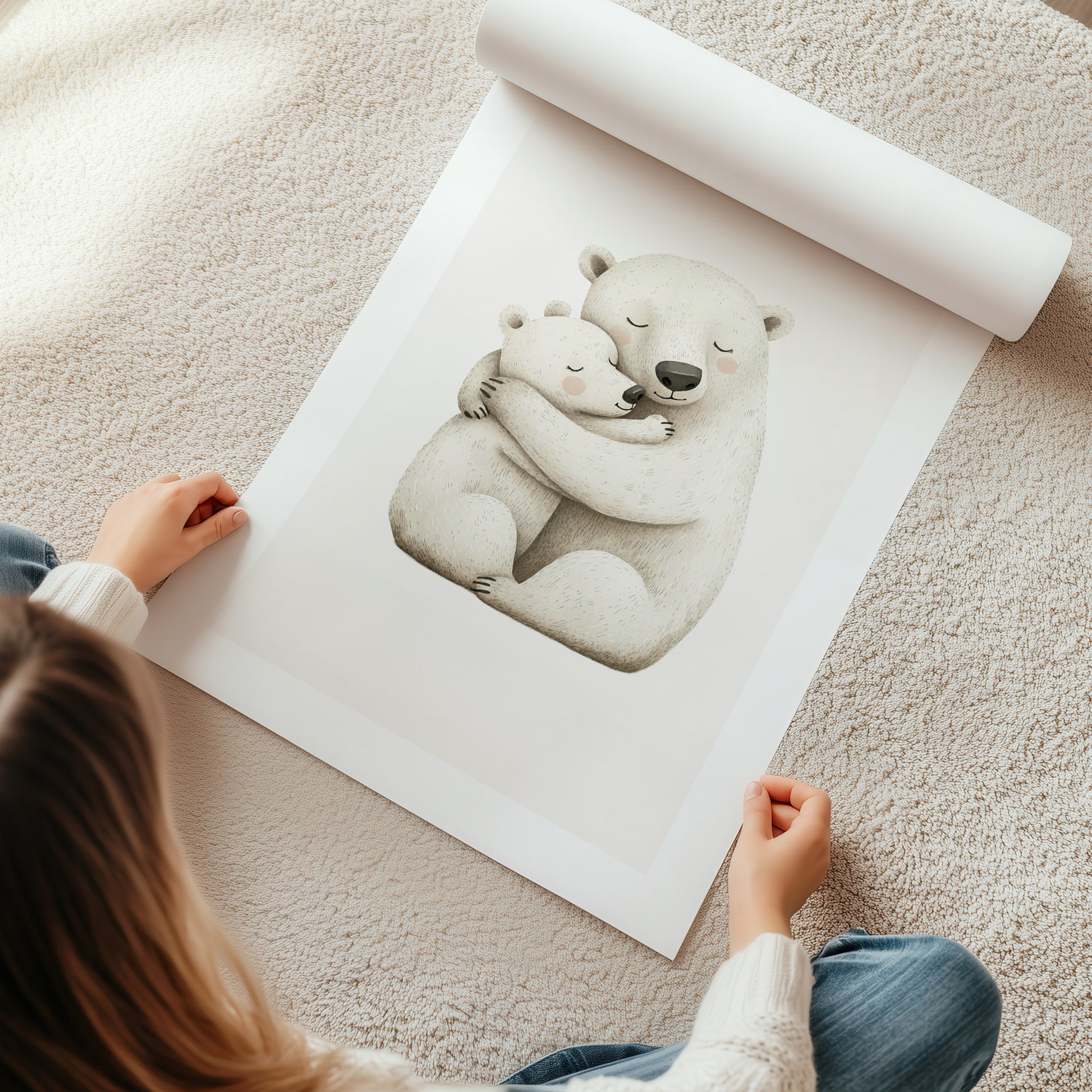 Kinderzimmerbild Eisbären Mama mit Kind gemalt A4 A3 - Poster für das Kinderzimmer babyzimmer