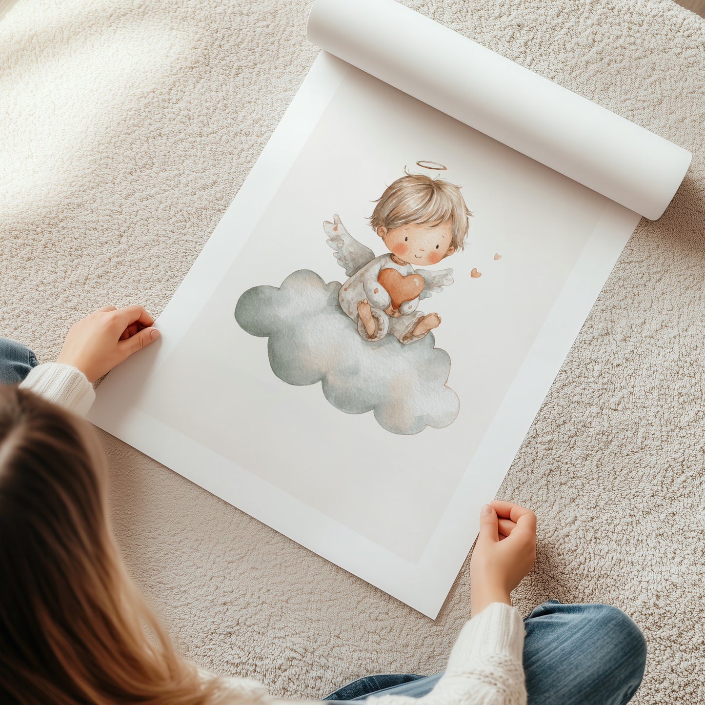 Kinderzimmerbild mit einem gemaltem Engel auf einer Wolke  Poster für das Kinderzimmer Babyzimmer