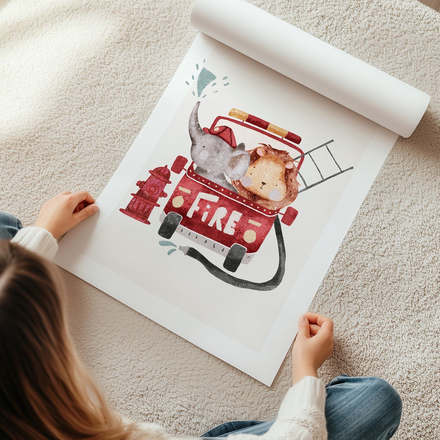 Kinderzimmerbild mit einem Feuerwehrauto mit einem Löwen und einem Elefant poster für das Kinderzimmer