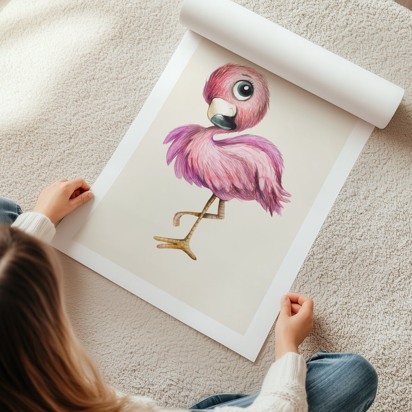 Kinderzimmerbild mit einem gemaltem Flamingo auf beigen Hintergrund. Poster für das Kinderzimmer Babyzimmer
