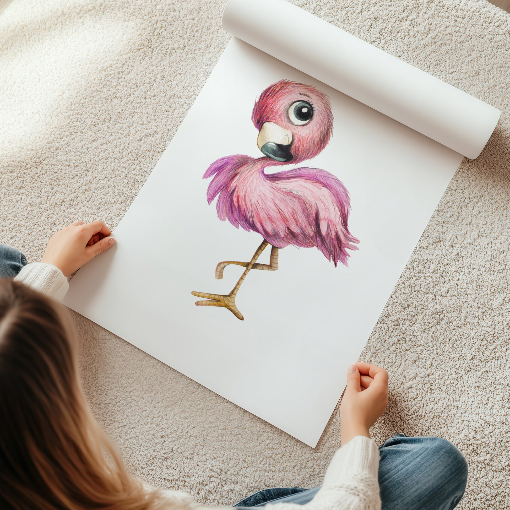 Kinderzimmerbild mit einer gemaltem Flamingo. Poster für das Kinderzimmer Babyzimmer