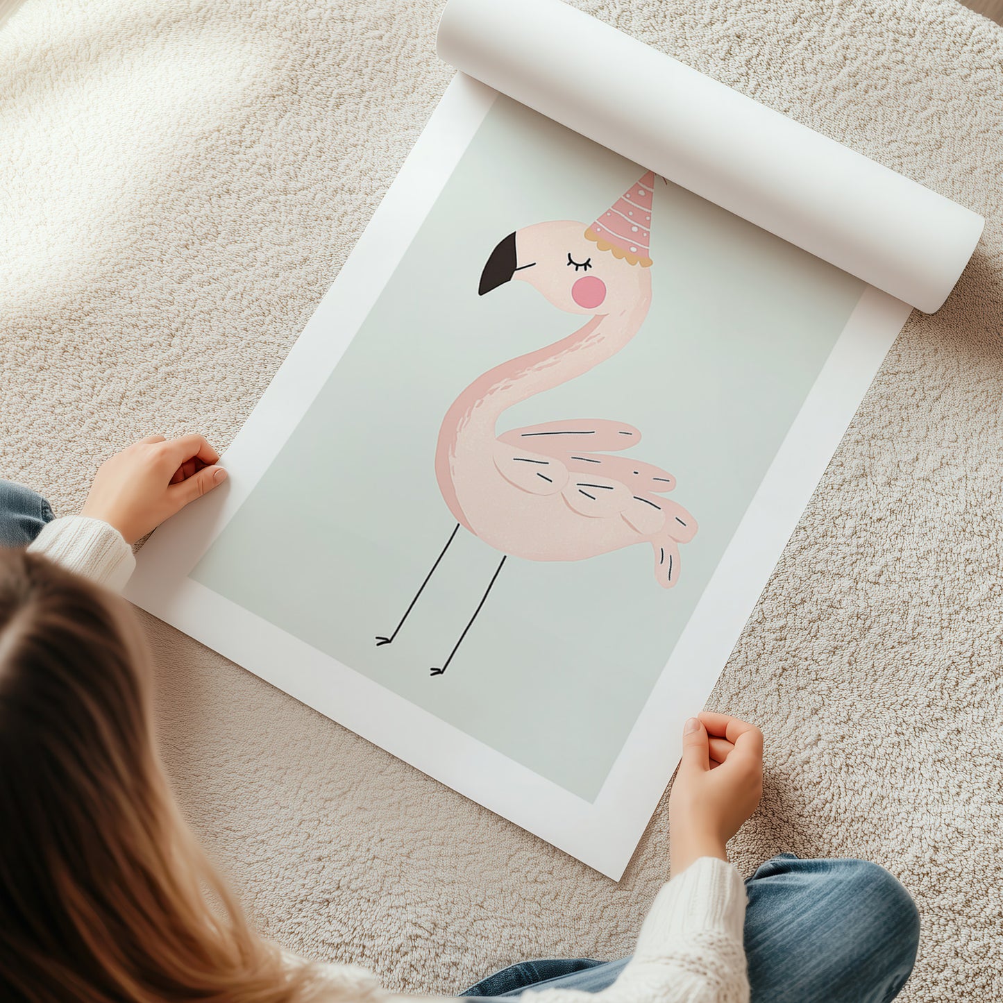 Kinderzimmerbild Flamingo mit Partyhut auf blauem Hintergrund Din A4 A3 - Poster für das Kinderzimmer babyzimmer 
