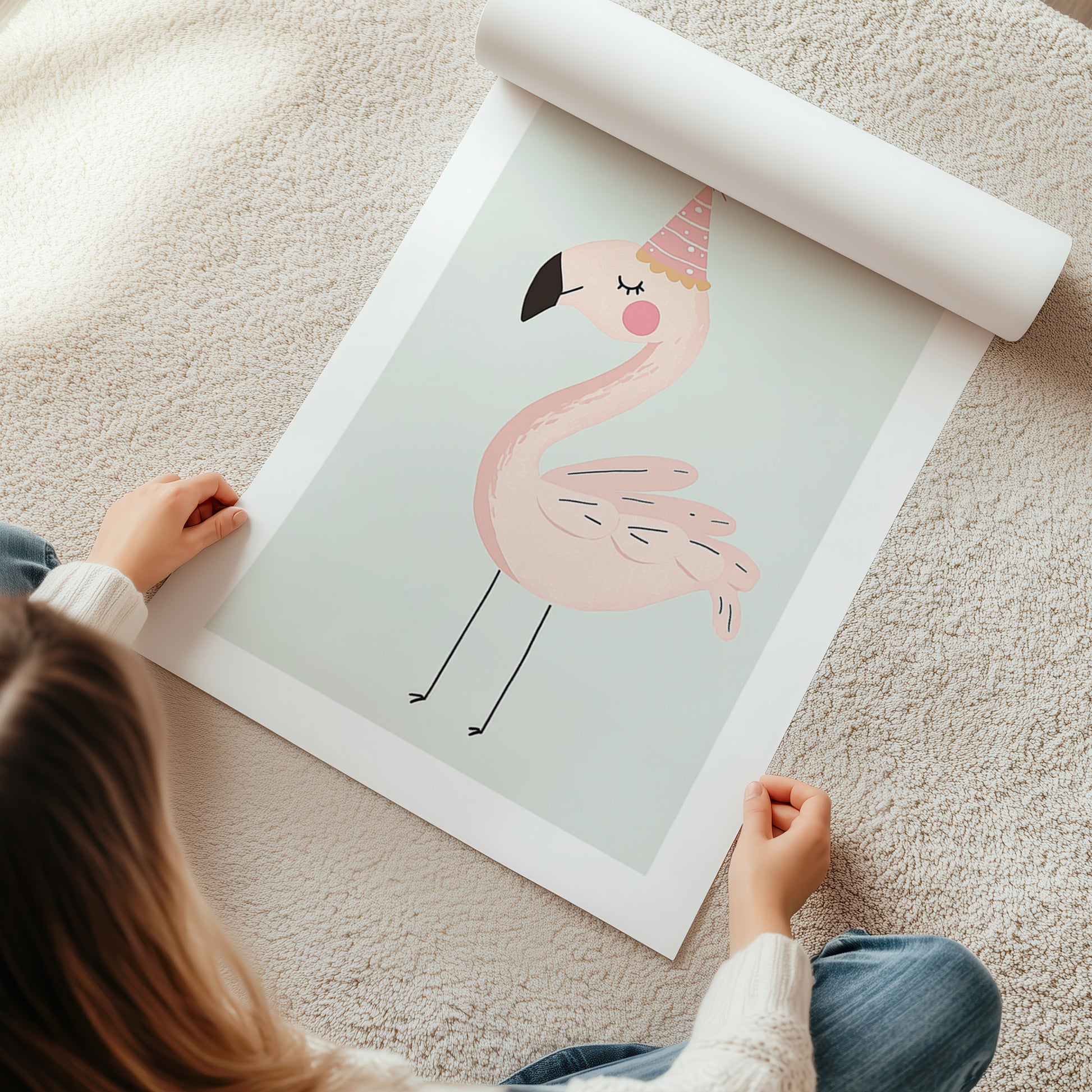 Kinderzimmerbild Flamingo mit Partyhut auf blauem Hintergrund Din A4 A3 - Poster für das Kinderzimmer babyzimmer 
