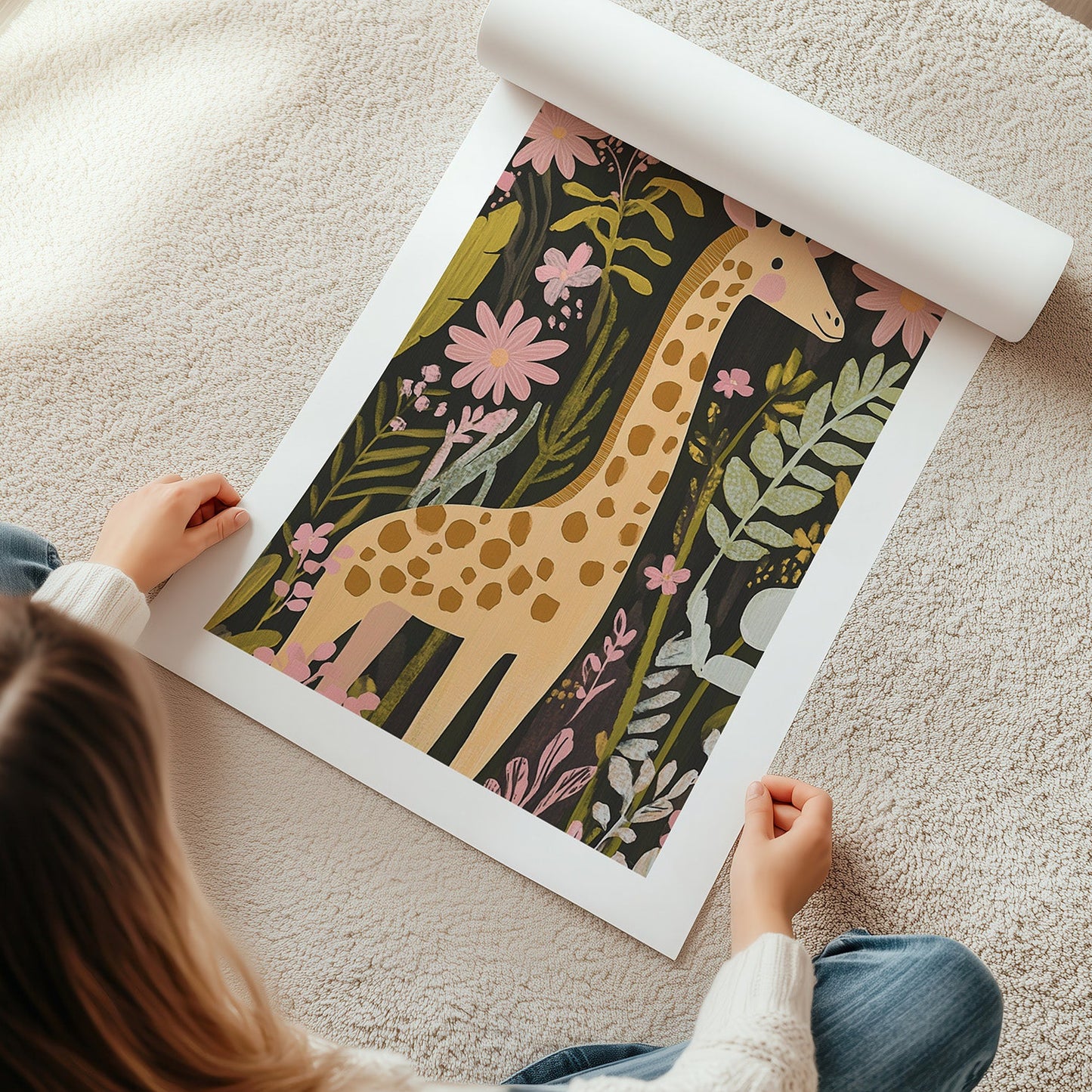 Kinderzimmer Bild mit einer Giraffe im Dschungel - Poster für das Kinderzimmer 