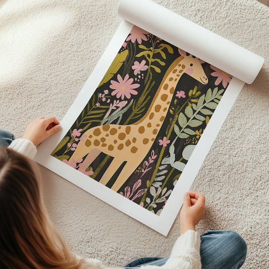 Kinderzimmer Bild mit einer Giraffe im Dschungel - Poster für das Kinderzimmer 