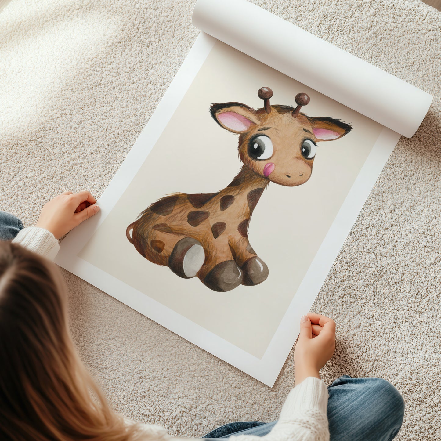 Kinderzimmerbild mit einem gemaltem Giraffe auf beigen Hintergrund. Poster für das Kinderzimmer Babyzimmer