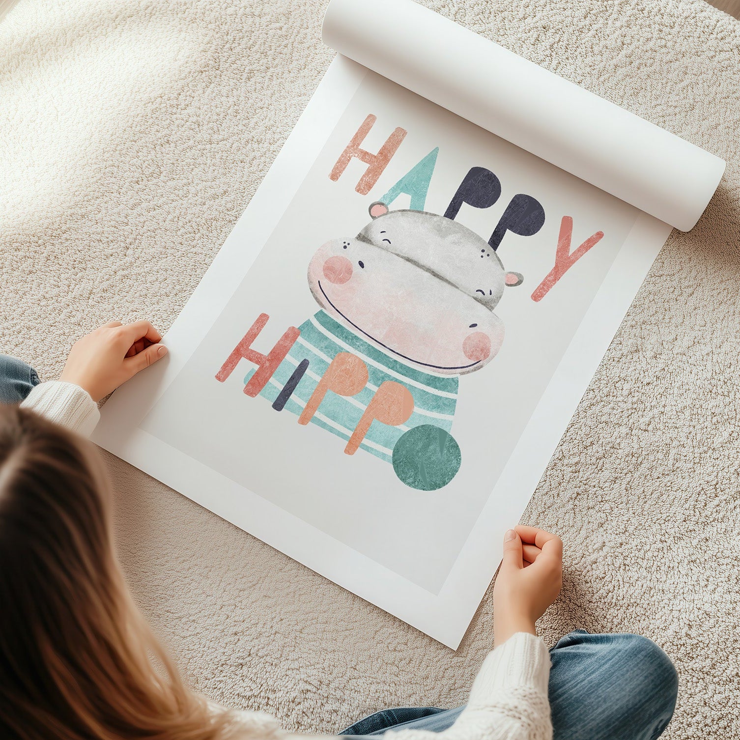 Kinderzimmerbild mit einem Nilpferd und dem Text Happy Hippo- Poster für das Kinderzimmer