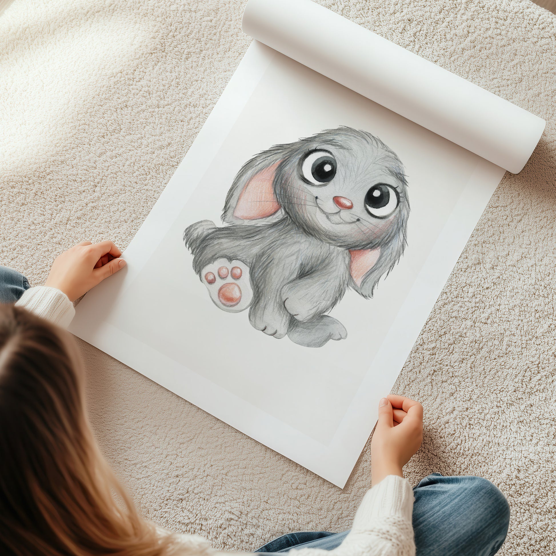 Kinderzimmerbild mit einem gemaltem Hase. Poster für das Kinderzimmer Babyzimmer
