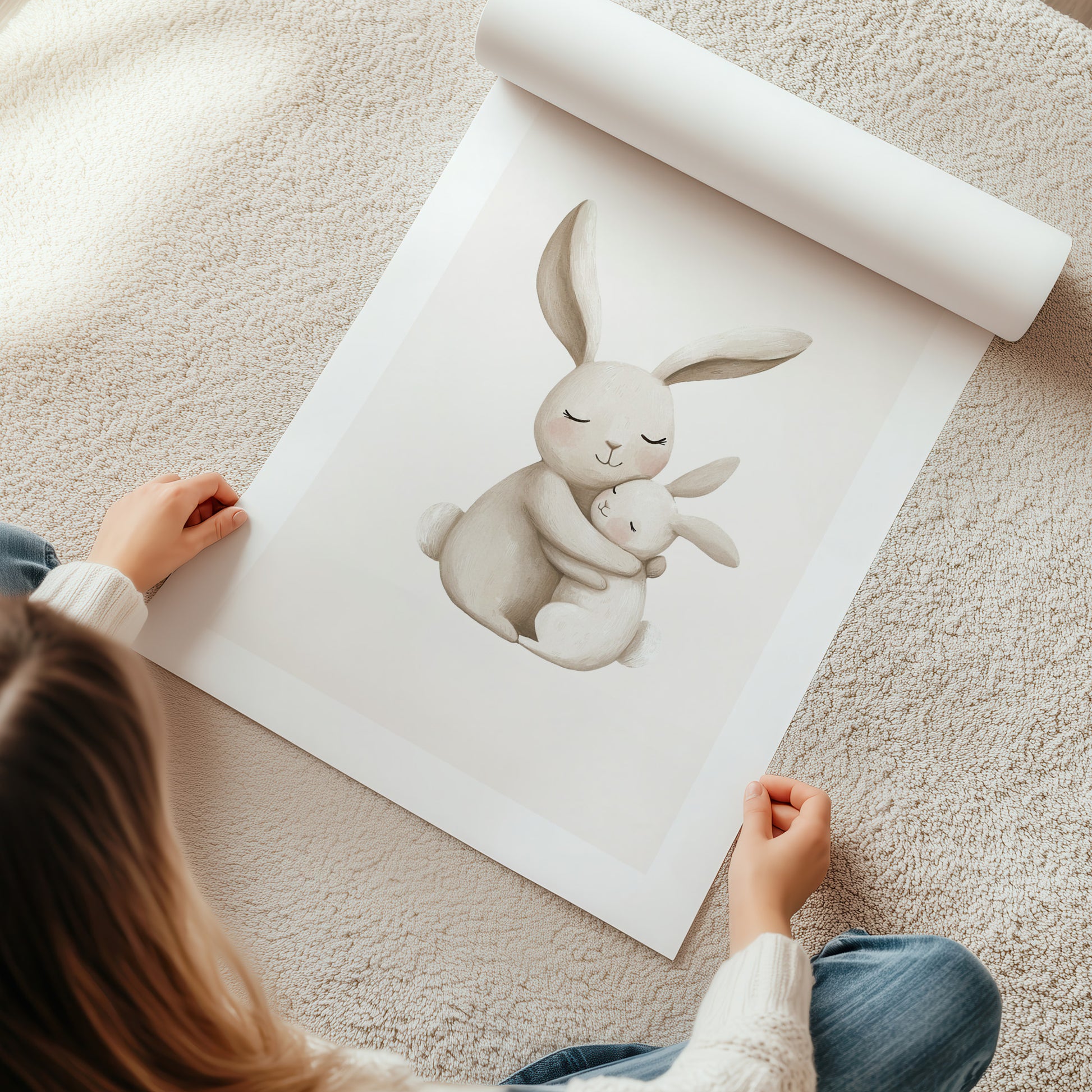 Kinderzimmerbild Hase mit Kind gemald A4 A3 - Poster für das Kinderzimmer babyzimmer