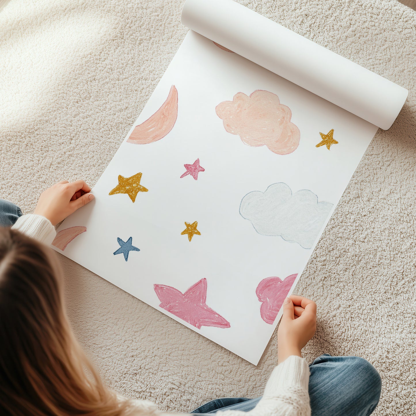 Kinderzimmerbild Himmel bunt mit Mond und Sternen bunt A4 A3 - Poster für das Kinderzimmer babyzimmer 