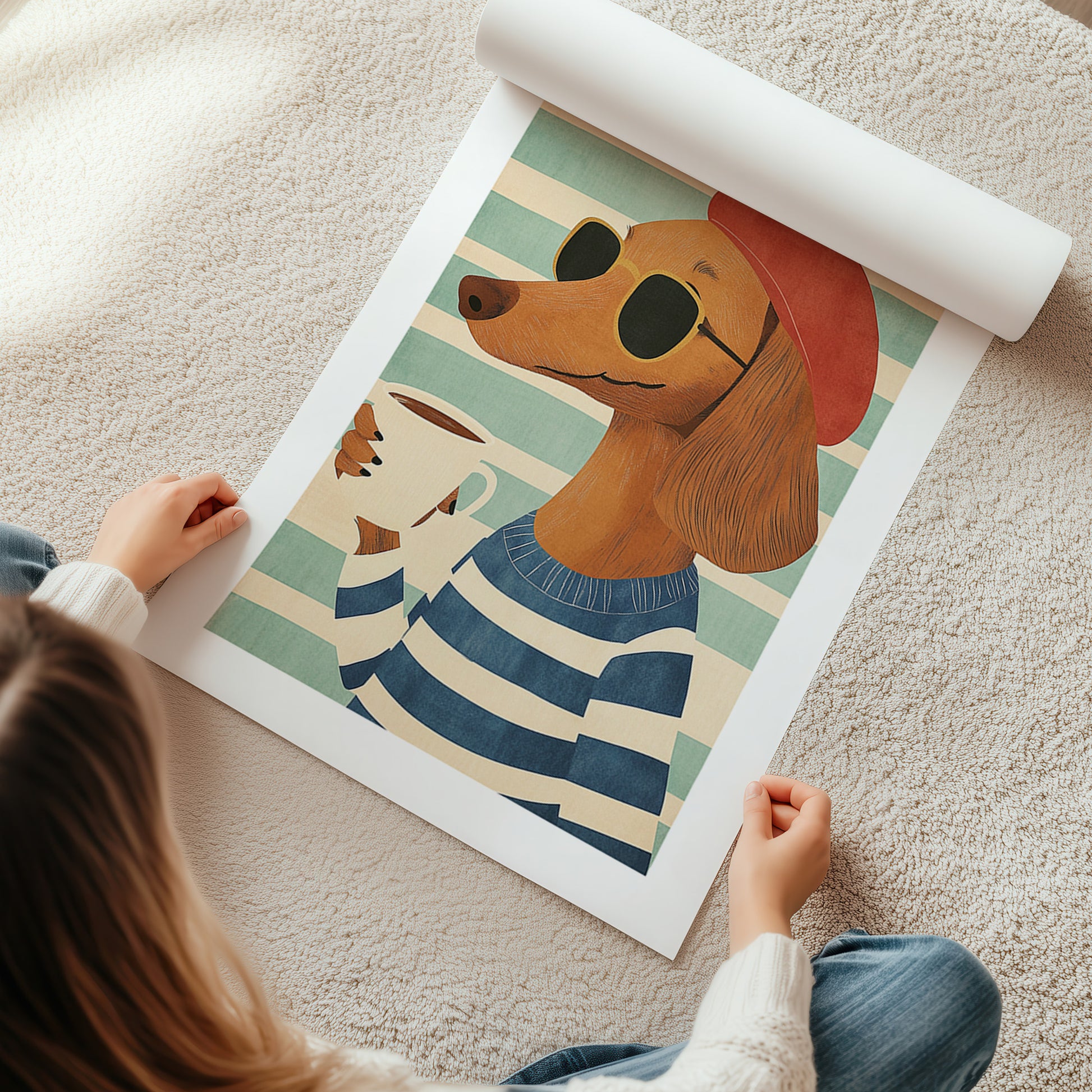 Kinderzimmerbild Hund geniesst eine Tasse Kaffe Din A4 A3 - Poster für das Kinderzimmer babyzimmer 