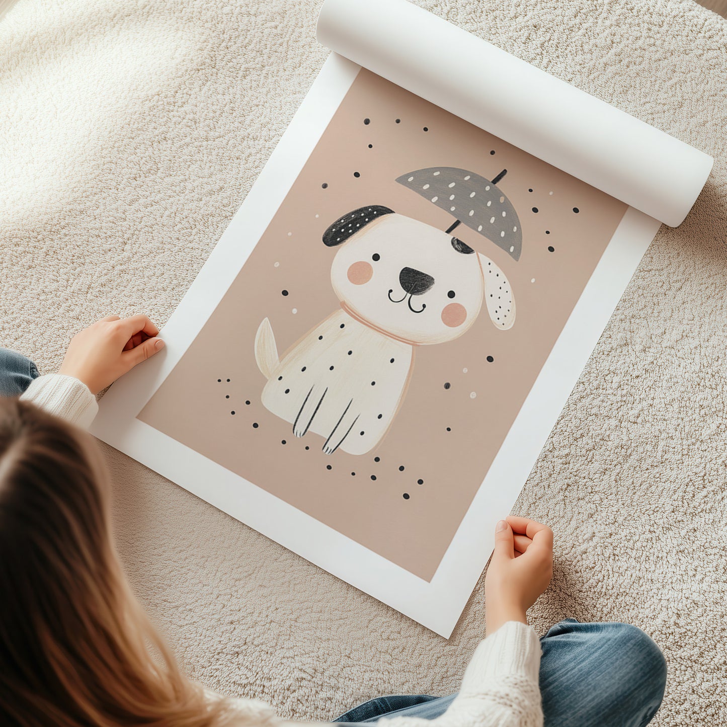 Kinderzimmerbild Hund mit Regenschirm im Regen Din A4 A3 - Poster für das Kinderzimmer babyzimmer 